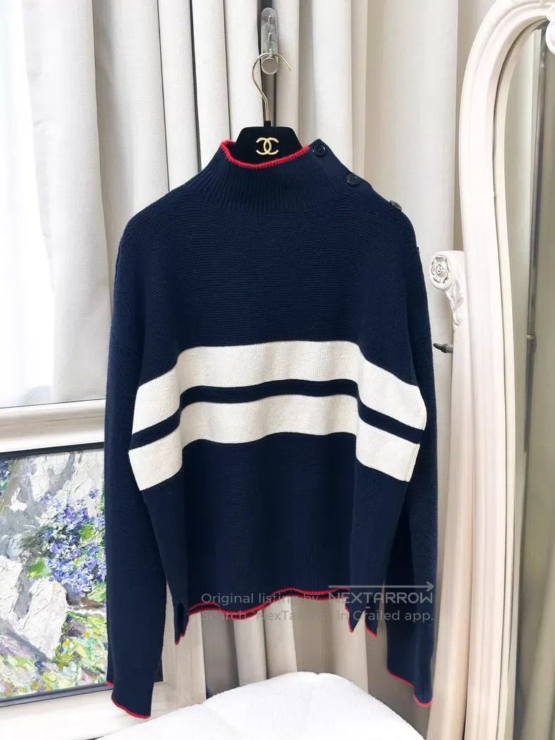 Loro Piana Loro Piana Navy Striped High Neck Cashmere Knit Sweater Size M / US 6-8 / IT 42-44 - 1 Thumbnail