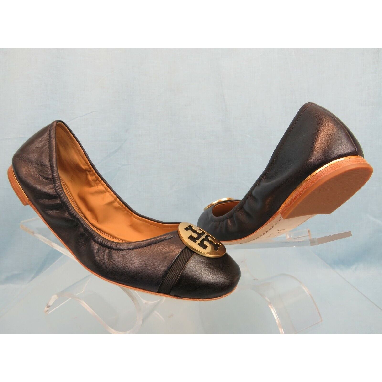 Tory Burch TORY BURCH MINNIE NAVY LEATHER GOLD REVA BLACK TOE FLATS 7.5 Size US 7.5 / IT 37.5 - 2 Thumbnail