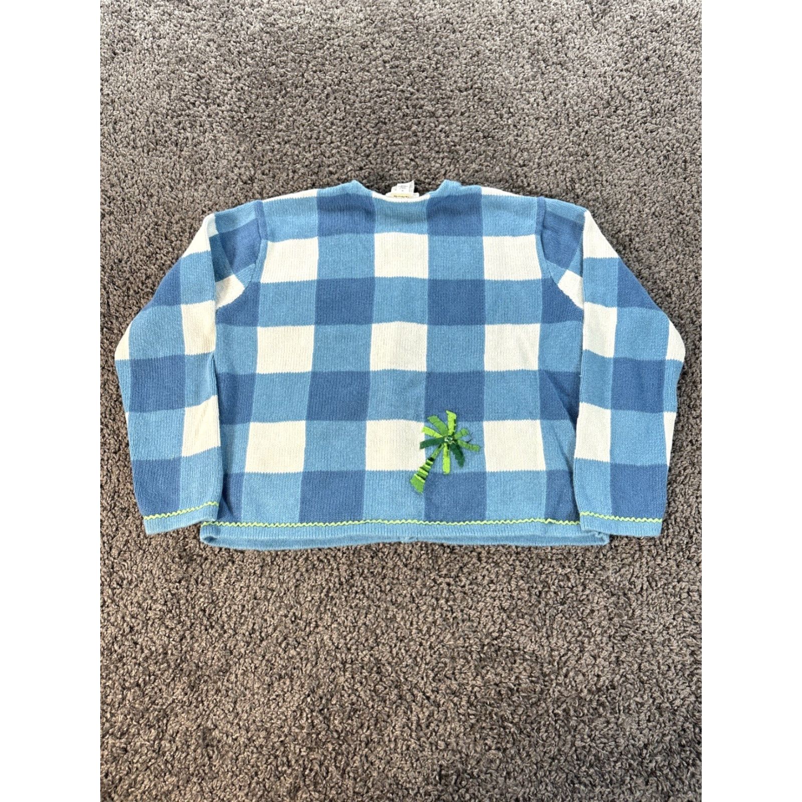 Talbots VINTAGE Talbots Cardigan Sweater Women M Blue White Checks Applique Palm Trees Knit Slit Sleeve Round Neck Size M / US 6-8 / IT 42-44 - 5 Thumbnail