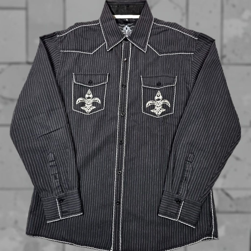 Roar Roar Buckle Shirt Men L Black Striped Button Long Sleeve Big Backside Logo Size US L / EU 52-54 / 3 - 1 Thumbnail