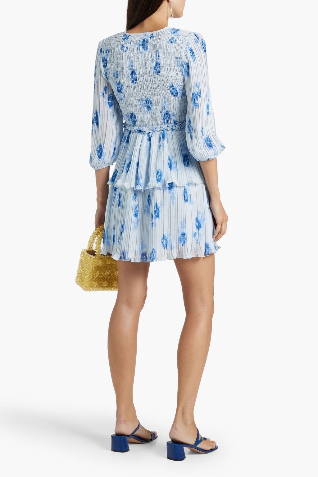 Ganni GANNI Shirred Floral-print Crepe de chine Mini Dress Blue Size XS / US 0-2 / IT 36-38 - 3 Thumbnail