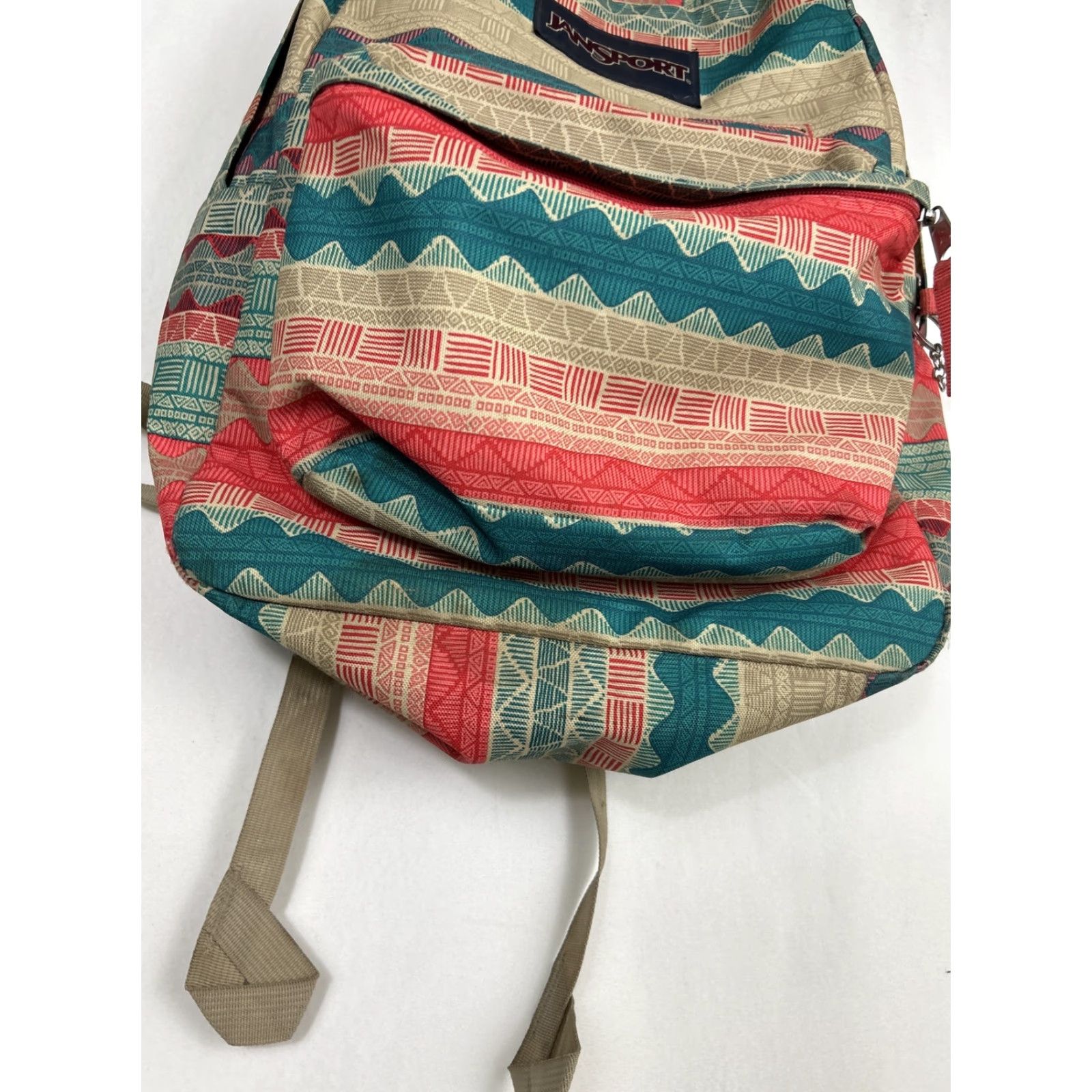 VINTAGE Jansport Backpack Unisex Digibreak Tan BOHO Stripe Coral Handle  16.5x12x10