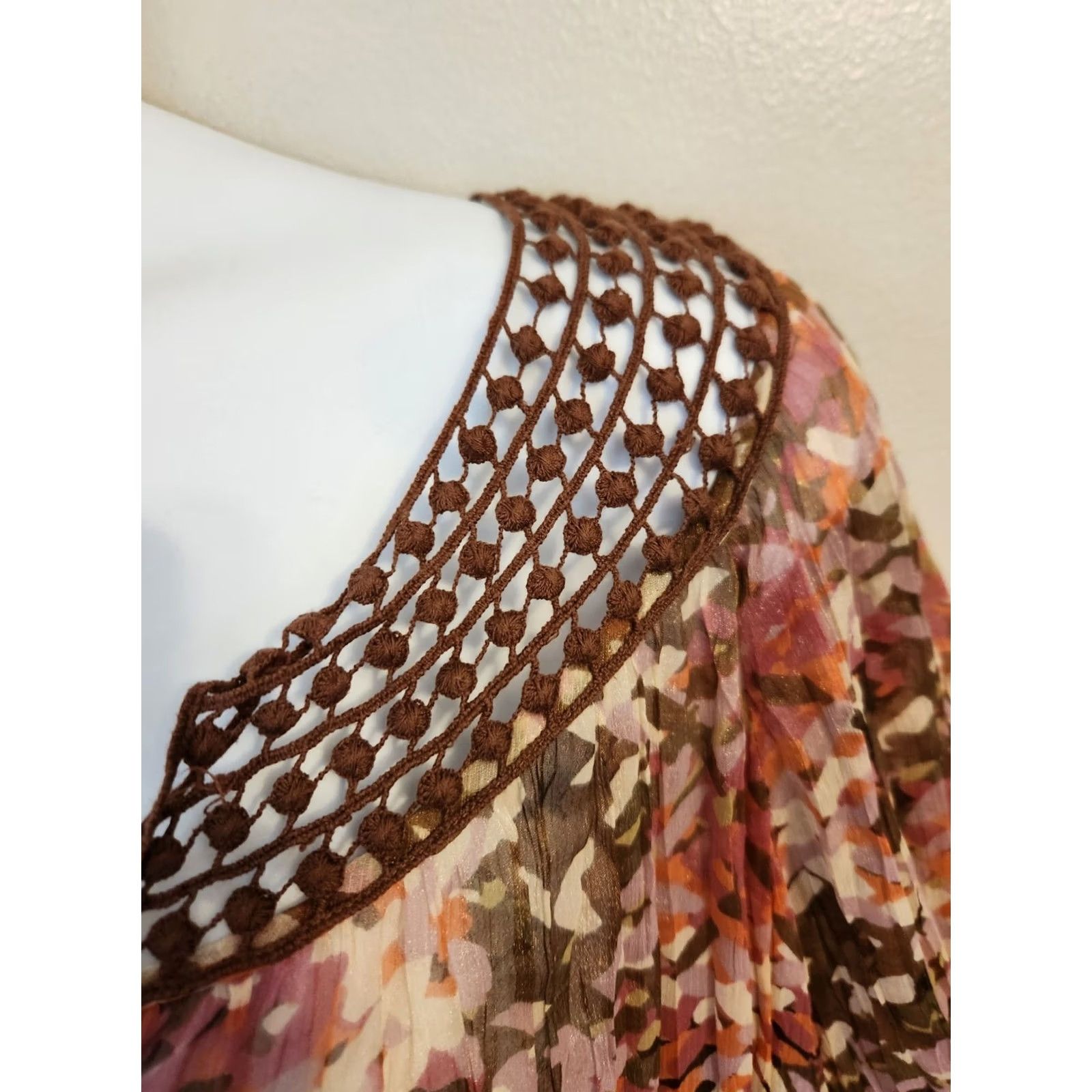 Avenue Avenue Brown Embroidered Smocked Trim Watercolor Sheer Top Hippie Boho 22 24 Size 3XL / US 20-22 - 3 Thumbnail