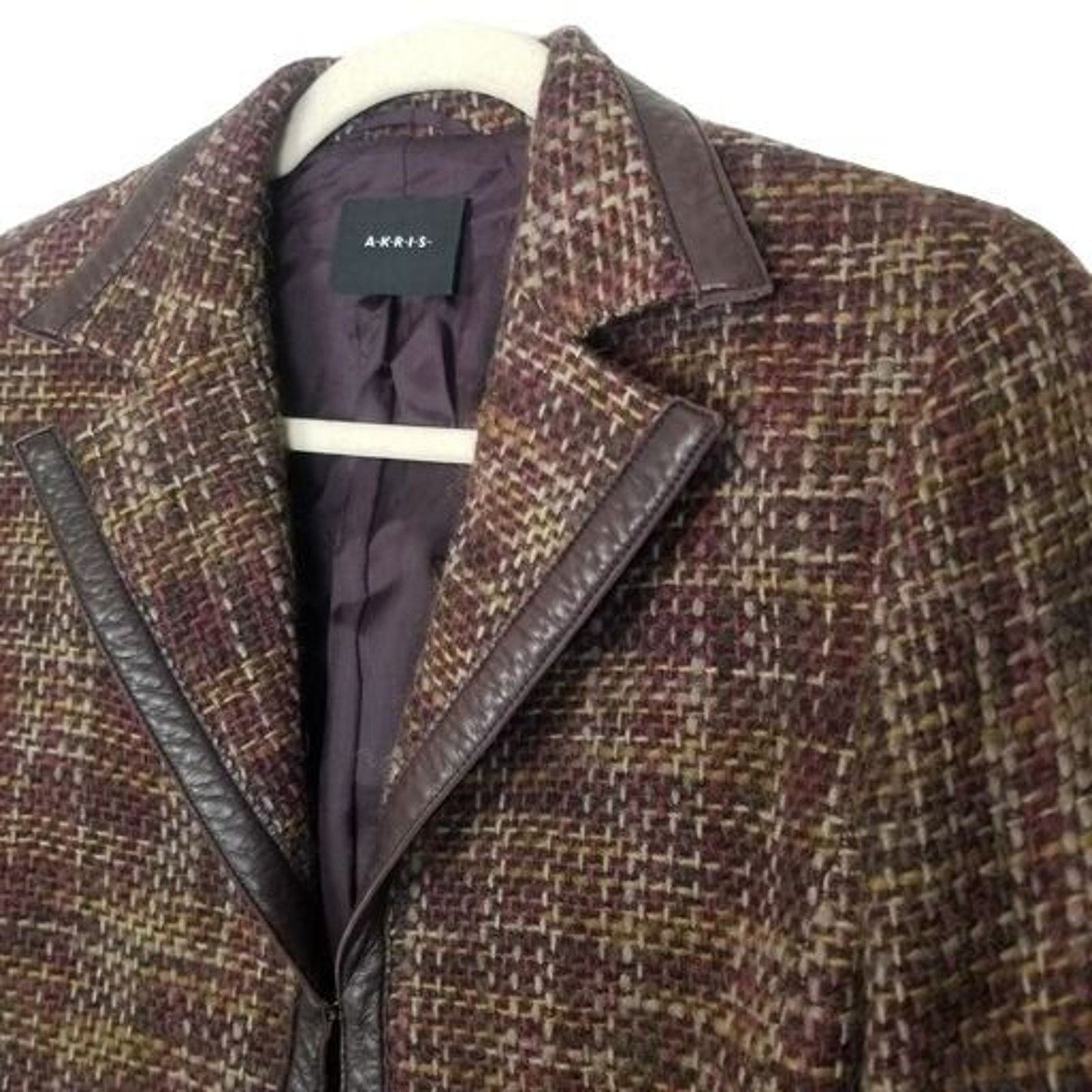 Akris Arkis Womens Wool Alpaca Tweed Blazer Size 8 Leather Trim Size M / US 6-8 / IT 42-44 - 4 Thumbnail