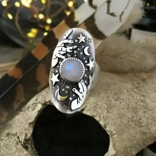 Other × Vintage Retro Oval Moon Star Pattern Ring Size ONE SIZE - 2 Thumbnail