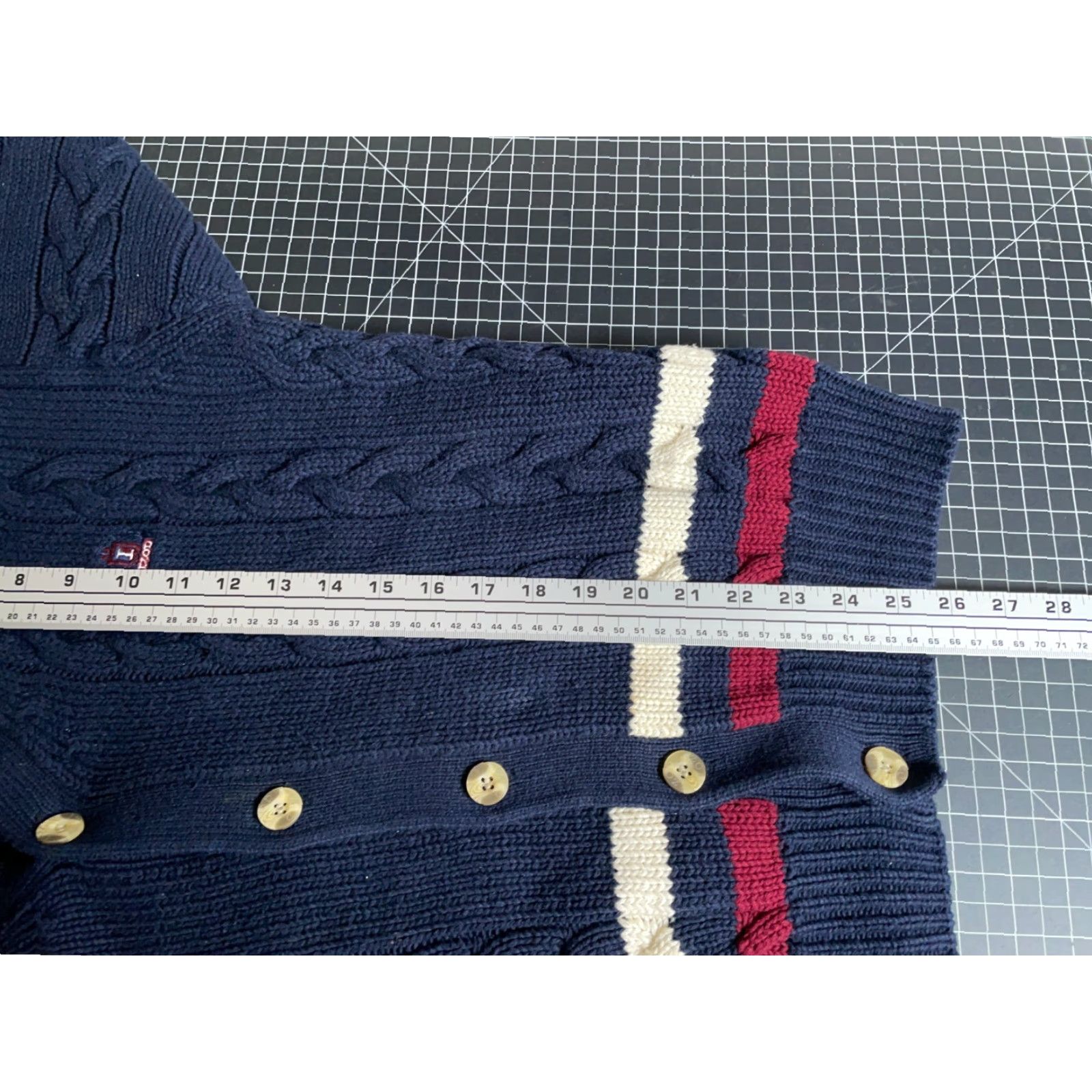 Izod VINTAGE IZOD Sweater Cardigan Men Large Dark Blue Cable-Knit Cotton Striped 90s Preppy Tennis Cricket Mens Size US L / EU 52-54 / 3 - 6 Thumbnail