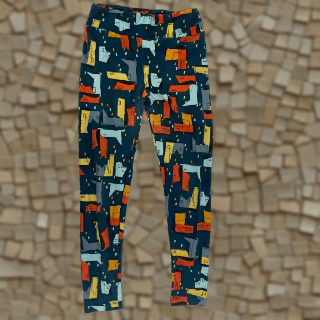 Vintage LuLaRoe Leggings Women One Size Teal City Buildings Pull On Pants Waist Band Size 42" / US 20 - 1 Thumbnail