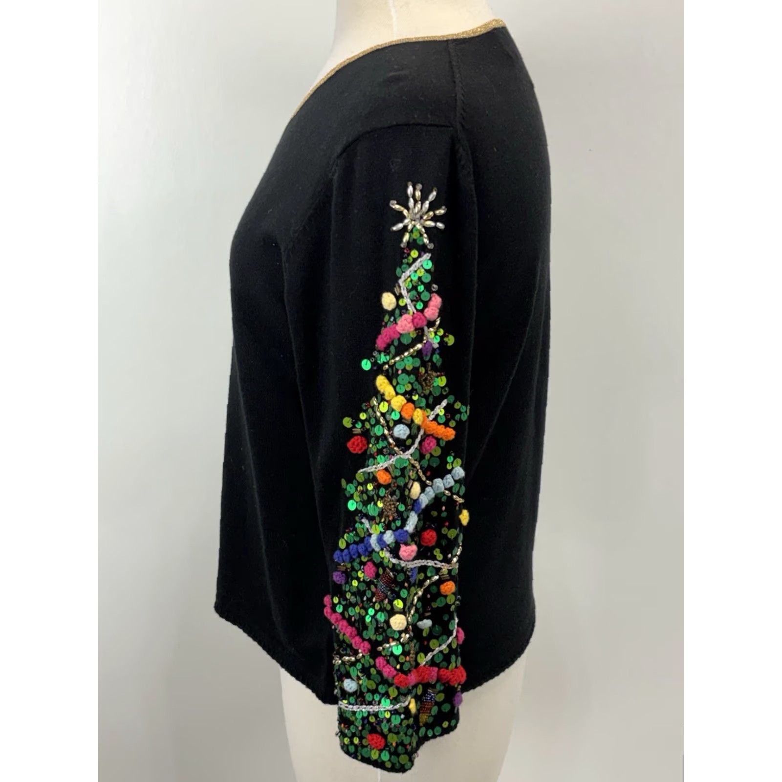 Simons VINTAGE Michael Simon Christmas Tree Sweater Women’s Medium Black Beaded Poms Pullover Size M / US 6-8 / IT 42-44 - 2 Thumbnail