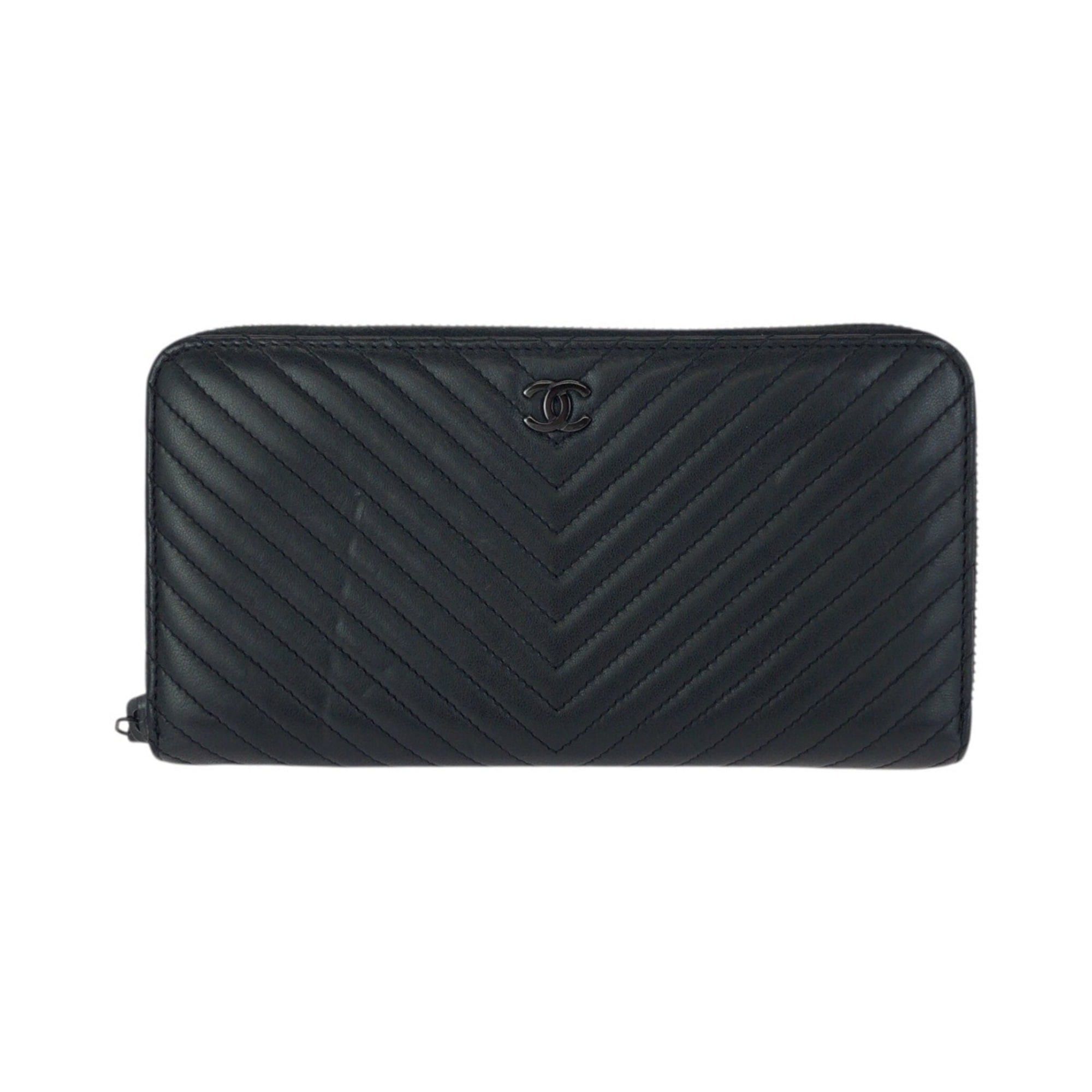 Chanel CHANEL Chevron V-stitch Coco Mark Black Lambskin Long Wallet with Gunmetal Hardware, Round Zipper, for Women Size ONE SIZE - 1 Thumbnail