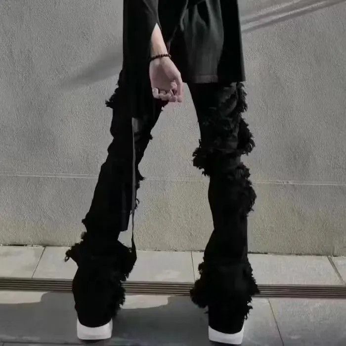 Japanese Brand High Street Ripped Tassel Frayed Black Flare Jeans Size US 30 / EU 46 - 6 Thumbnail