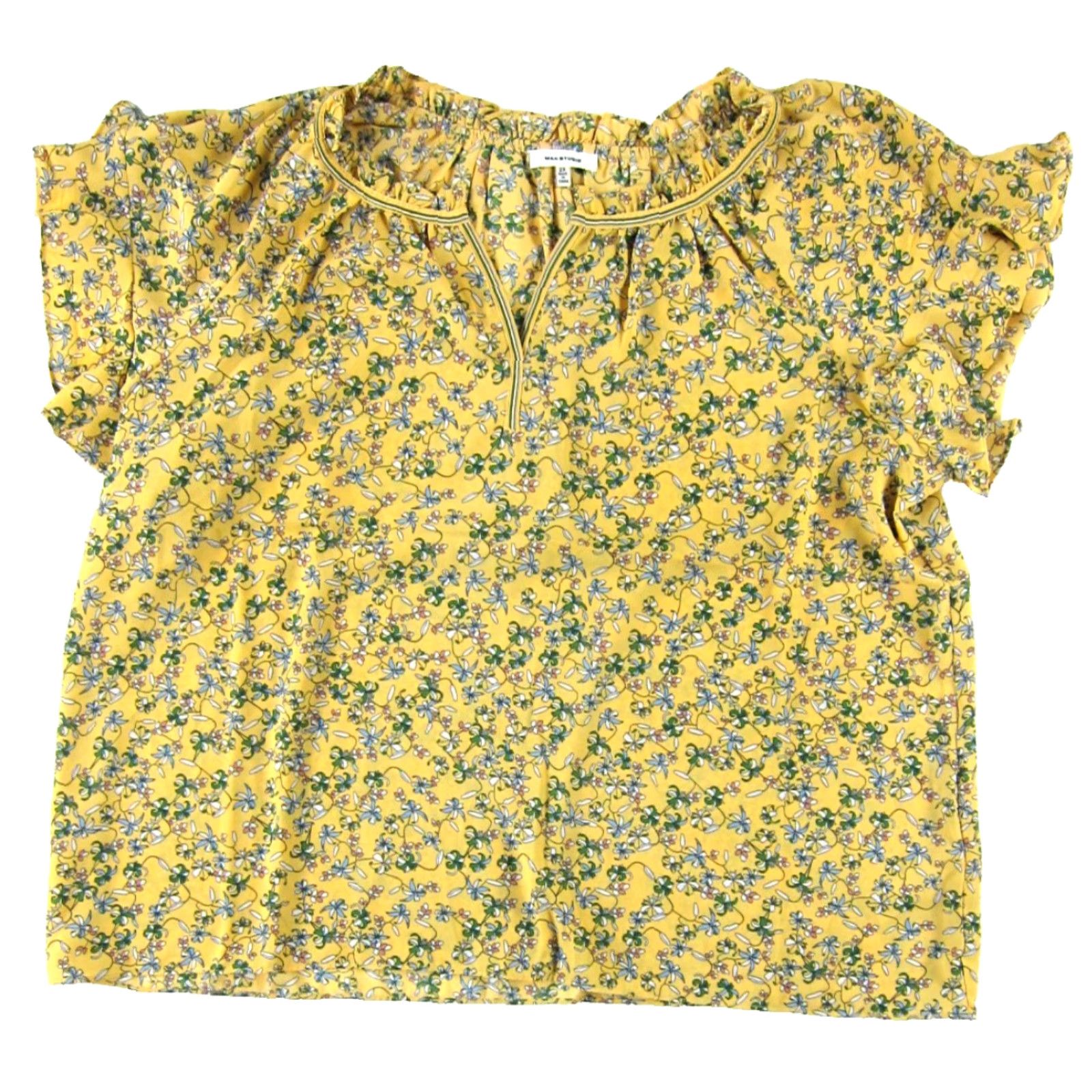 Vintage Max Studio Blouse Shirt Women 2X Yellow Green Blue Floral Ruffle Neck Short Sleeve Casual Polyester 100% 2X Womens Size XXL / US 16-18 / IT 52-54 - 2 Thumbnail