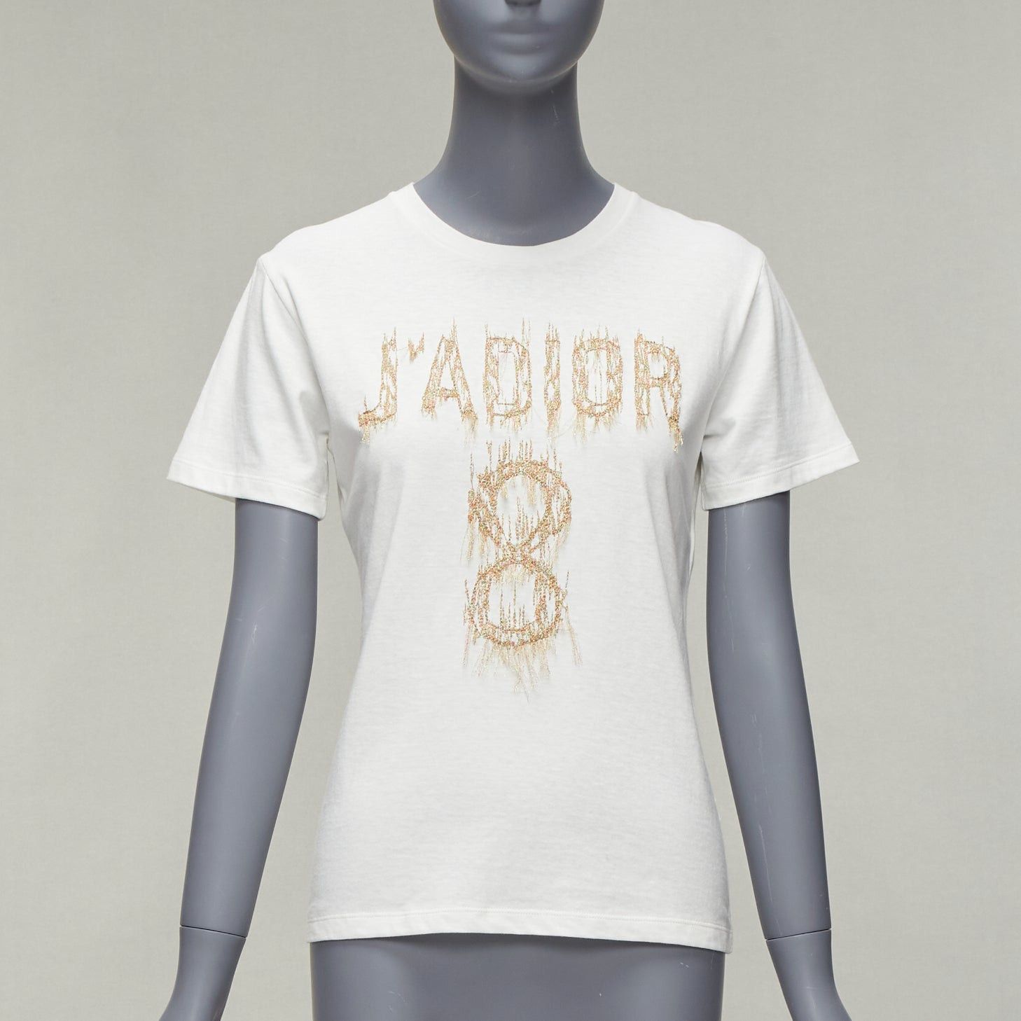 Dior CHRISTIAN DIOR Jadior 8 gold lurex embroidery white cotton linen tshirt XS Size S / US 4 / IT 40 - 1 Thumbnail