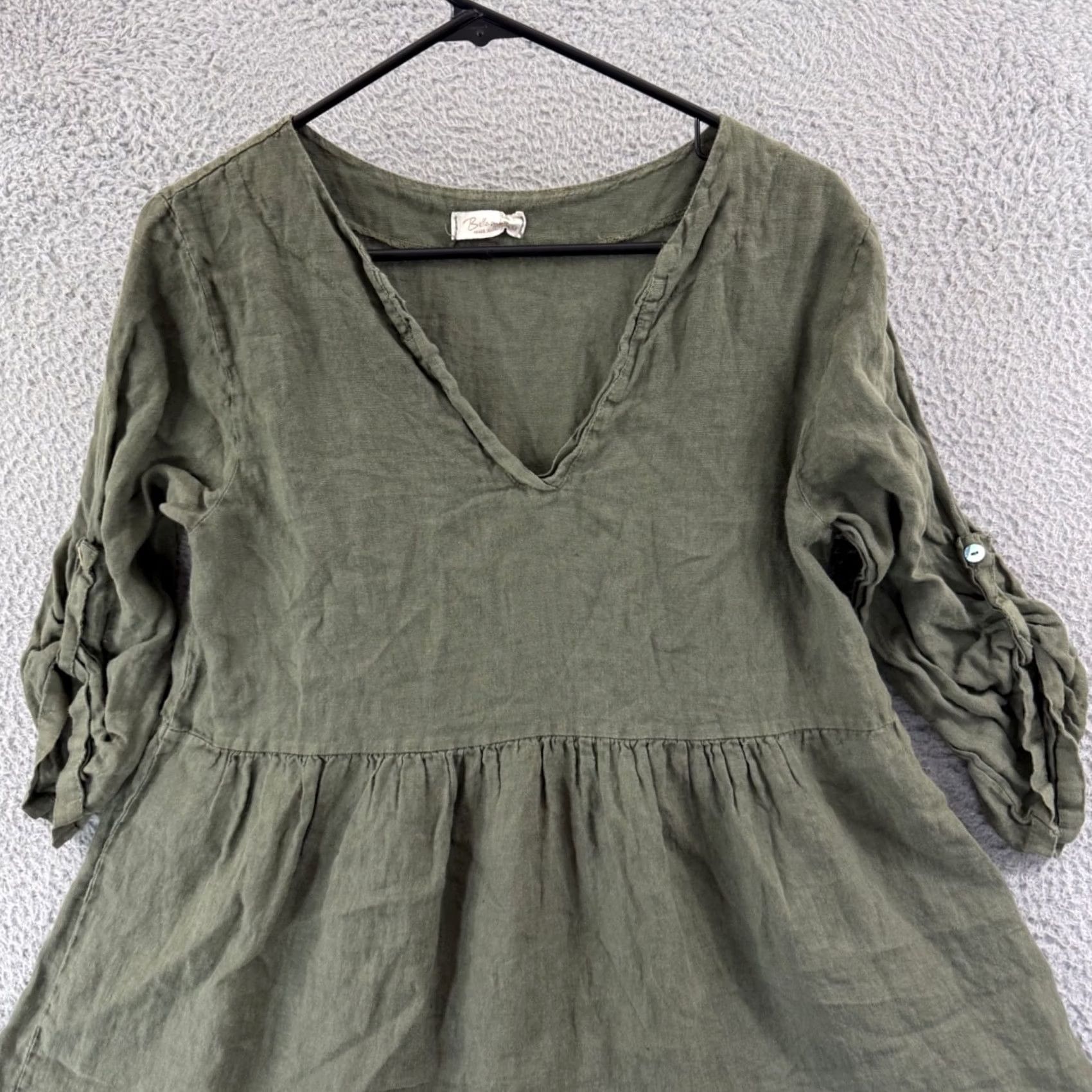 Vintage Bellambra Dress Women Medium Green Linen Trapeze Midi Boho Roll Tab Sleeve Italy Vintage No Size M / US 6-8 / IT 42-44 - 4 Thumbnail