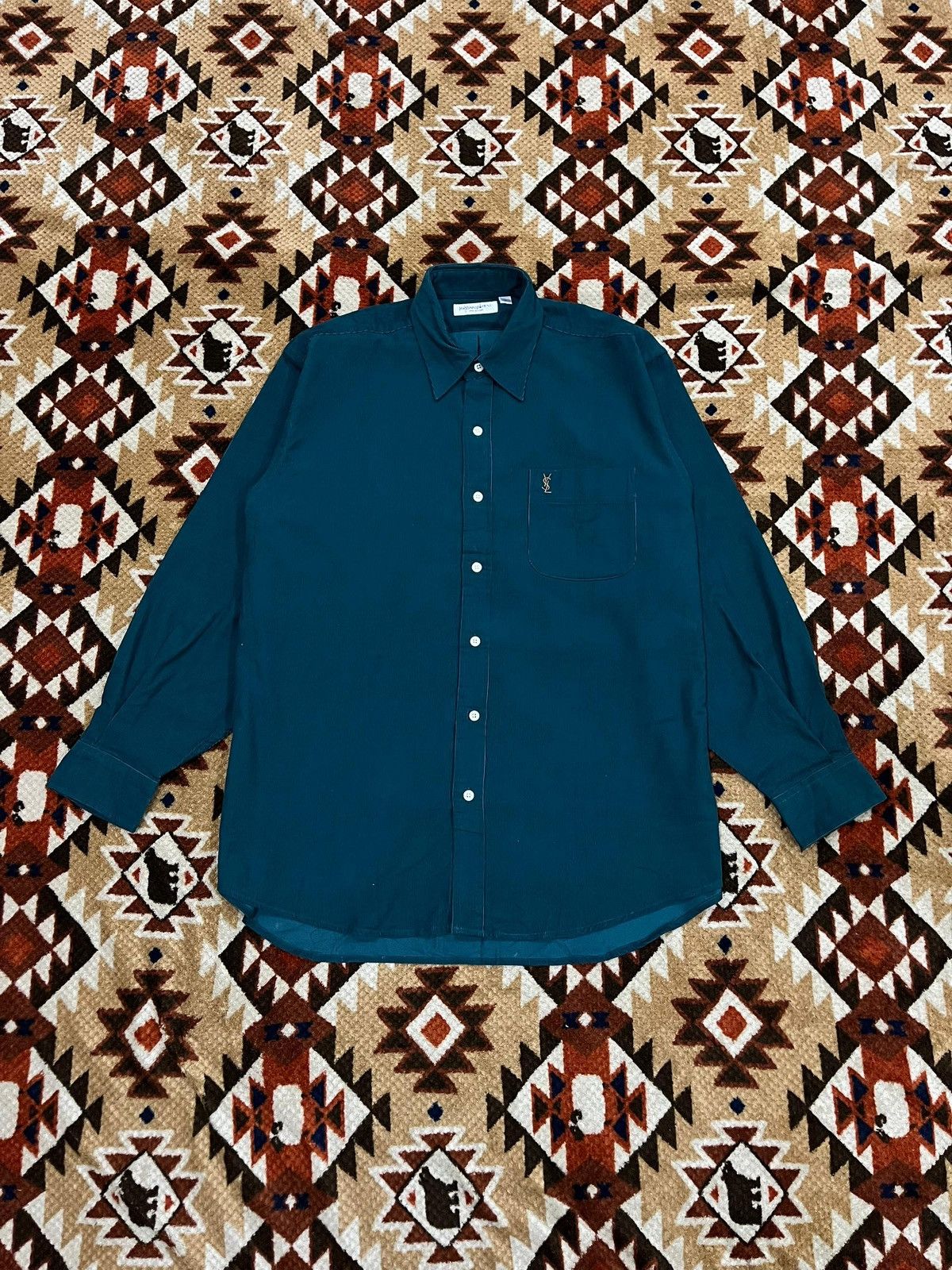 Yves Saint Laurent YSL Dark Green Corduroy Button Shirt Size US L / EU 52-54 / 3 - 1 Thumbnail