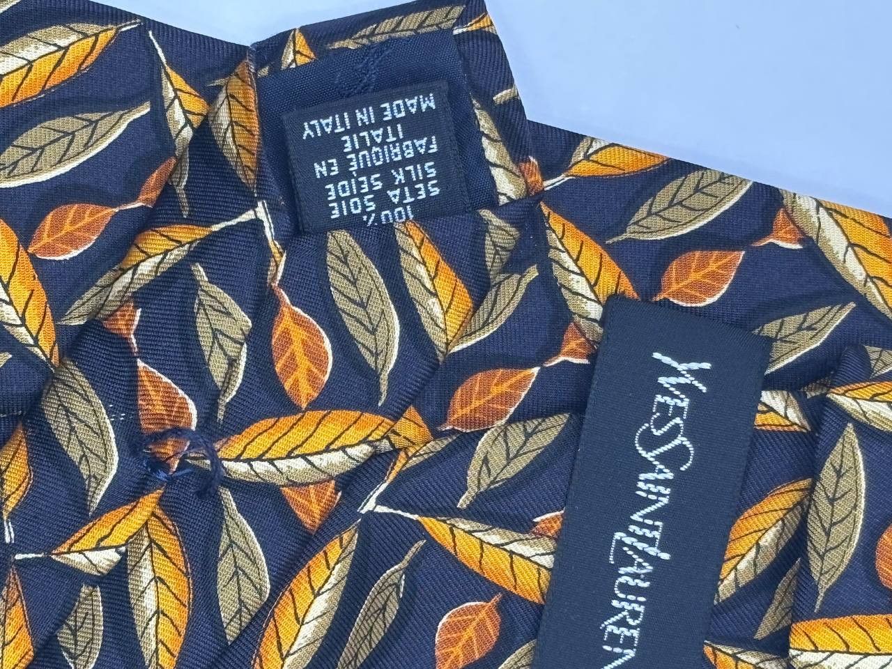 Yves Saint Laurent Vintage Yves Saint Laurent Silk Tie | Navy Autumn Leaf Italy Size ONE SIZE - 8 Thumbnail