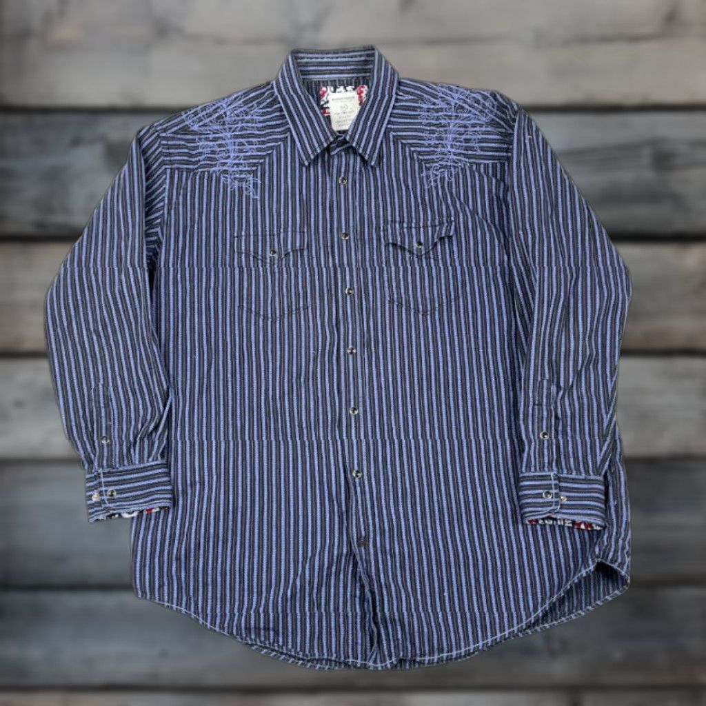 Vintage Rough Stock Western Shirt Adult 2XL Blue Striped Geometric Cotton Embroidered Snap Button Pockets 90s Cowboy Grunge Rockabilly Mens Size US XXL / EU 58 / 5 - 1 Thumbnail