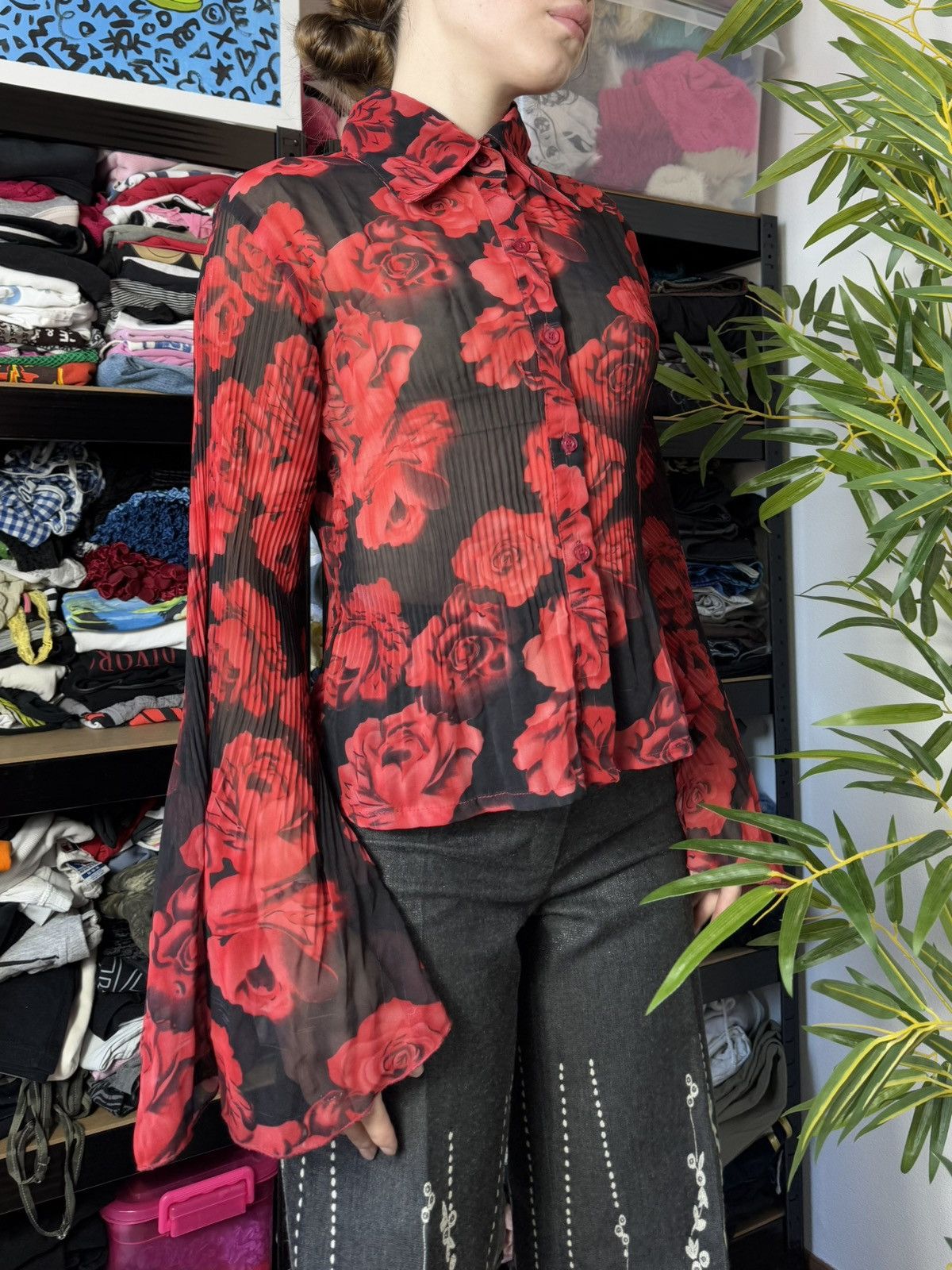 Vintage PLEATED QUILTED MESH ROSE SHIRT BOUSE Size M / US 6-8 / IT 42-44 - 2 Thumbnail