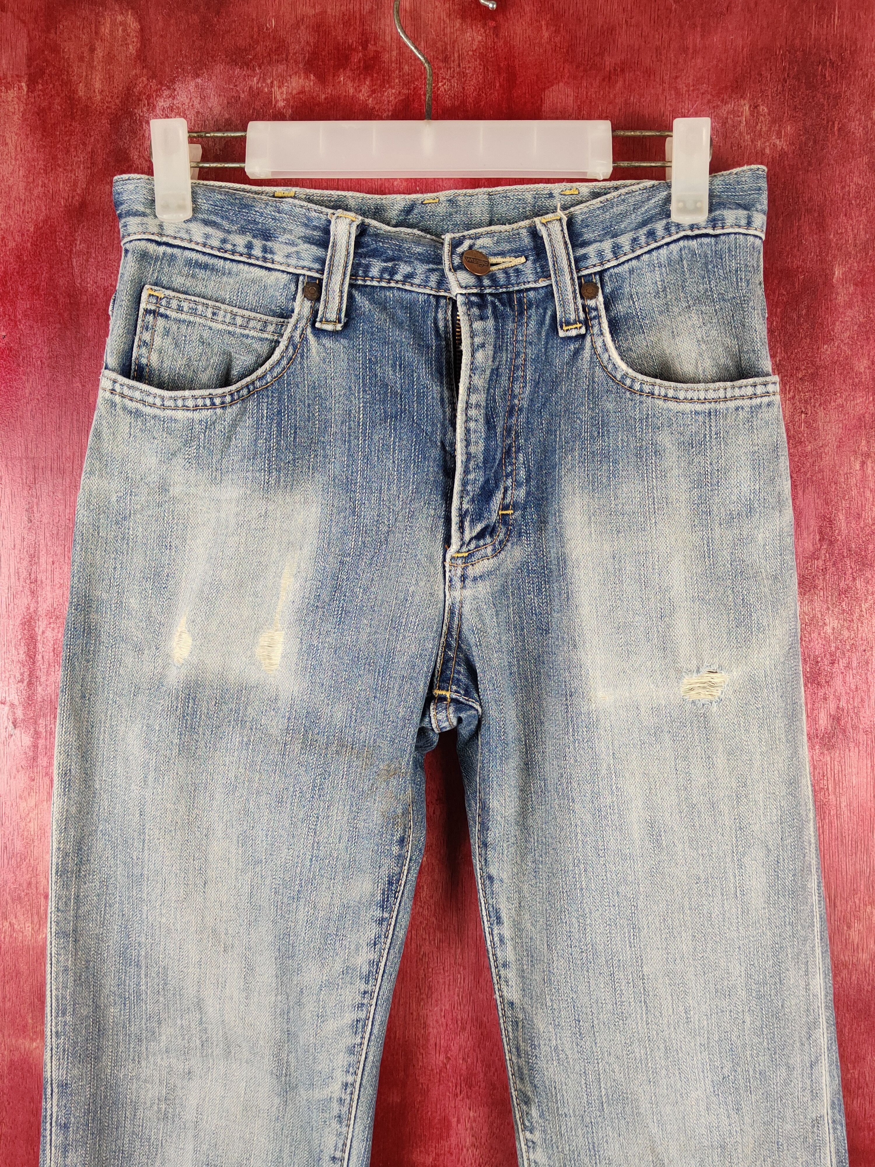 Japanese Brand Wrangler Blue Faded Distressed Ripped Jeans #S1631 Size US 28 / EU 44 - 2 Thumbnail