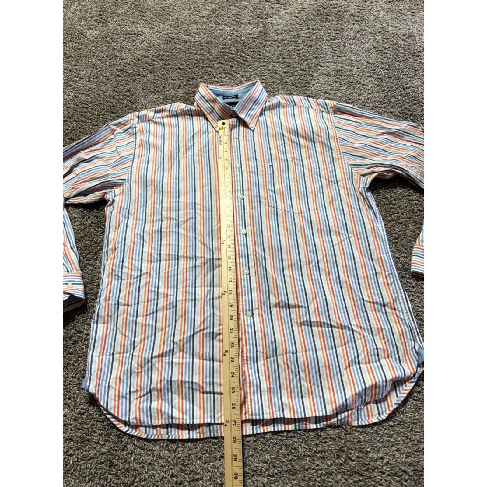 Tommy Hilfiger VINTAGE Tommy Hilfiger Mens Shirt Button-Down Size Large Striped Orange Blue 80s 2 Ply Size US L / EU 52-54 / 3 - 4 Thumbnail