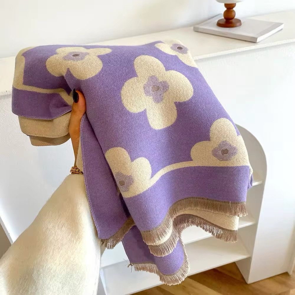 Japanese Brand × Vintage Scarf Luxury Double Sided Cashmere Feel Flower Warm Shawl Size ONE SIZE - 3 Thumbnail