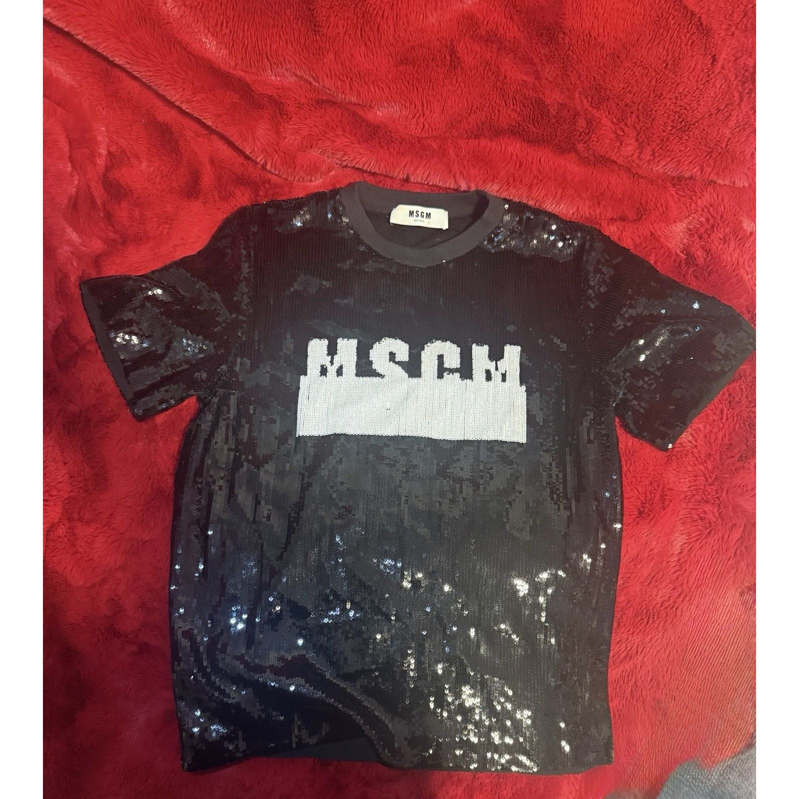 MSGM MSGM Women's Black White Sequin Logo Short Sleeve Crew Neck Size M / US 6-8 / IT 42-44 - 12 Thumbnail