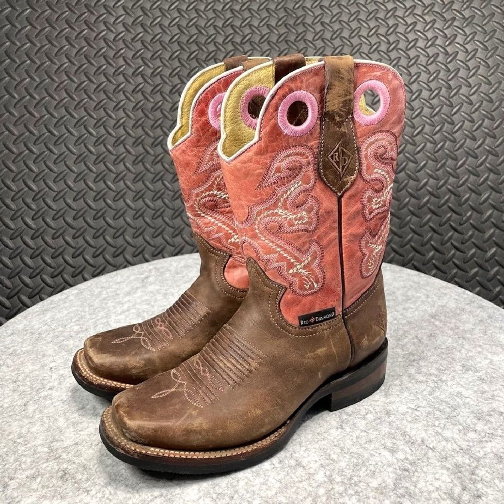 Vintage Red Diamond Women's Leather Cowboy Boots Brown Pink Size 5.5 Size US 6 / IT 36 - 3 Thumbnail