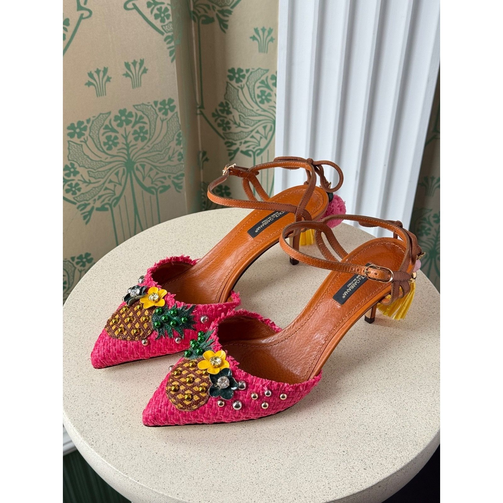 Dolce & Gabbana DOLCE & GABBANA Shoes Pink Pineapple Bellucci Kitten Heels Size US 7.5 / IT 37.5 - 2 Thumbnail