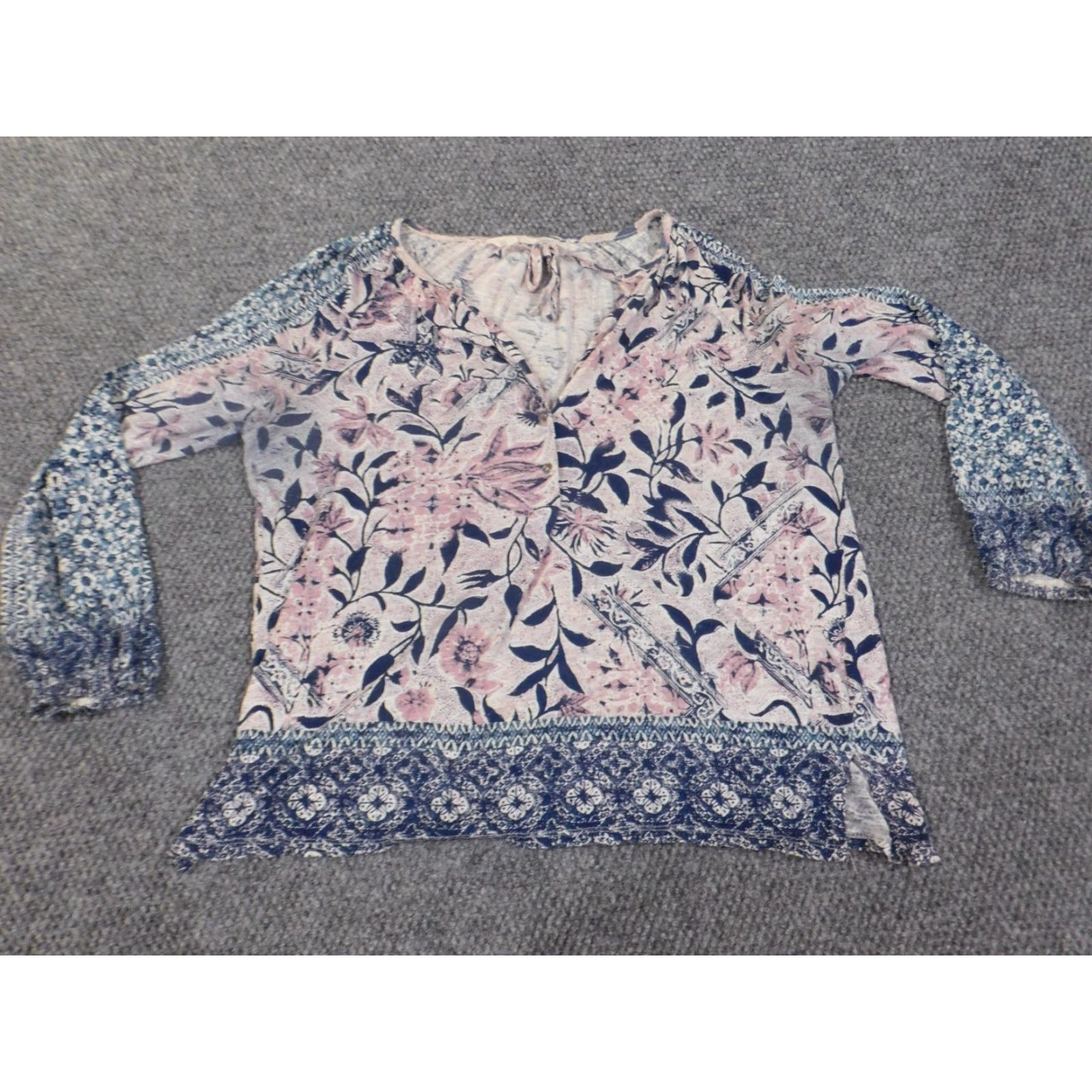 Lucky Brand Lucky Brand Blouse Shirt Womens M Blue Floral Pullover Round Neck Cotton Modal Casual Stretch Size M / US 6-8 / IT 42-44 - 2 Thumbnail