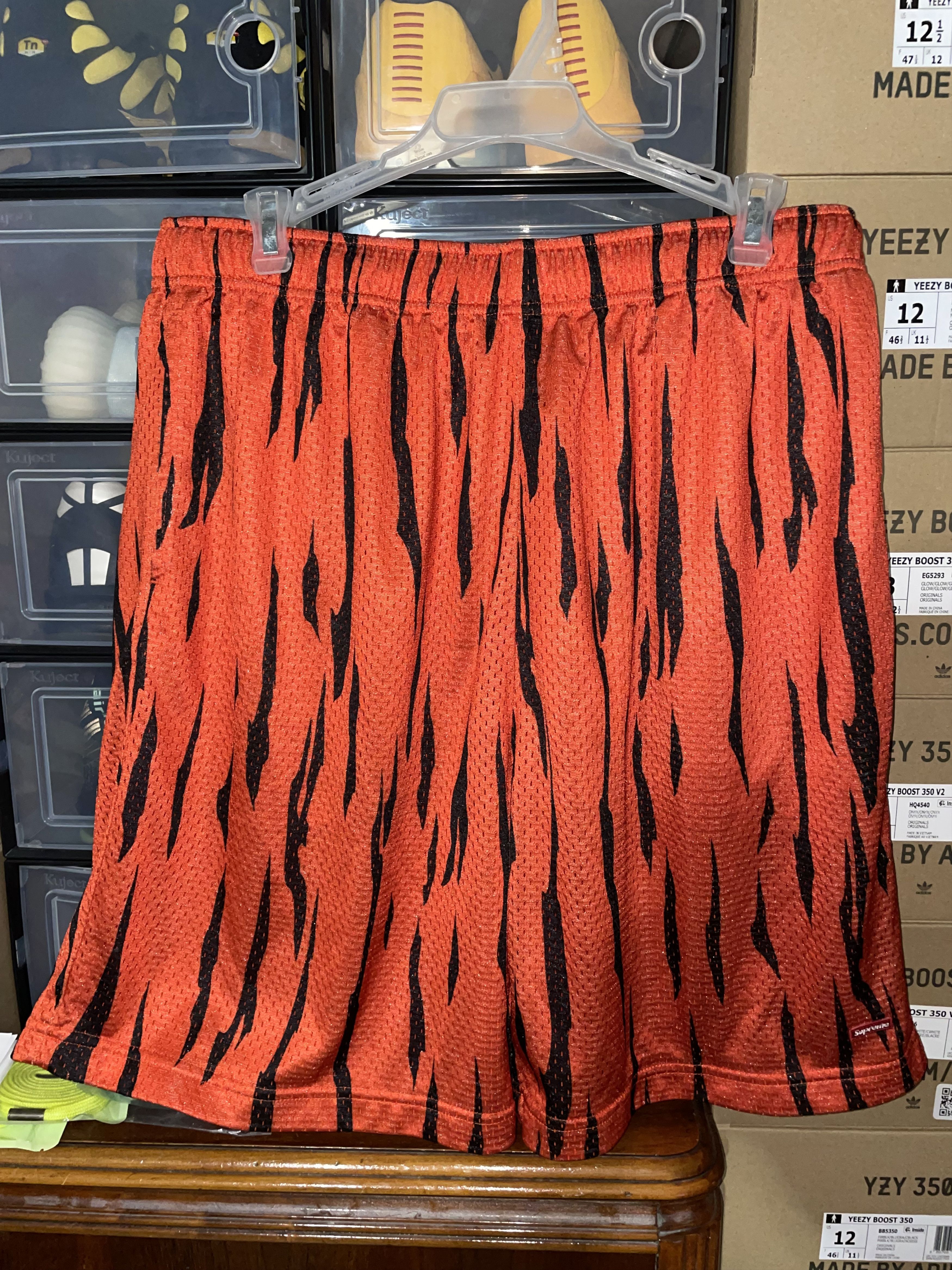 Supreme Supreme Small Box Baggy Mesh Shorts in a tiger-stripe