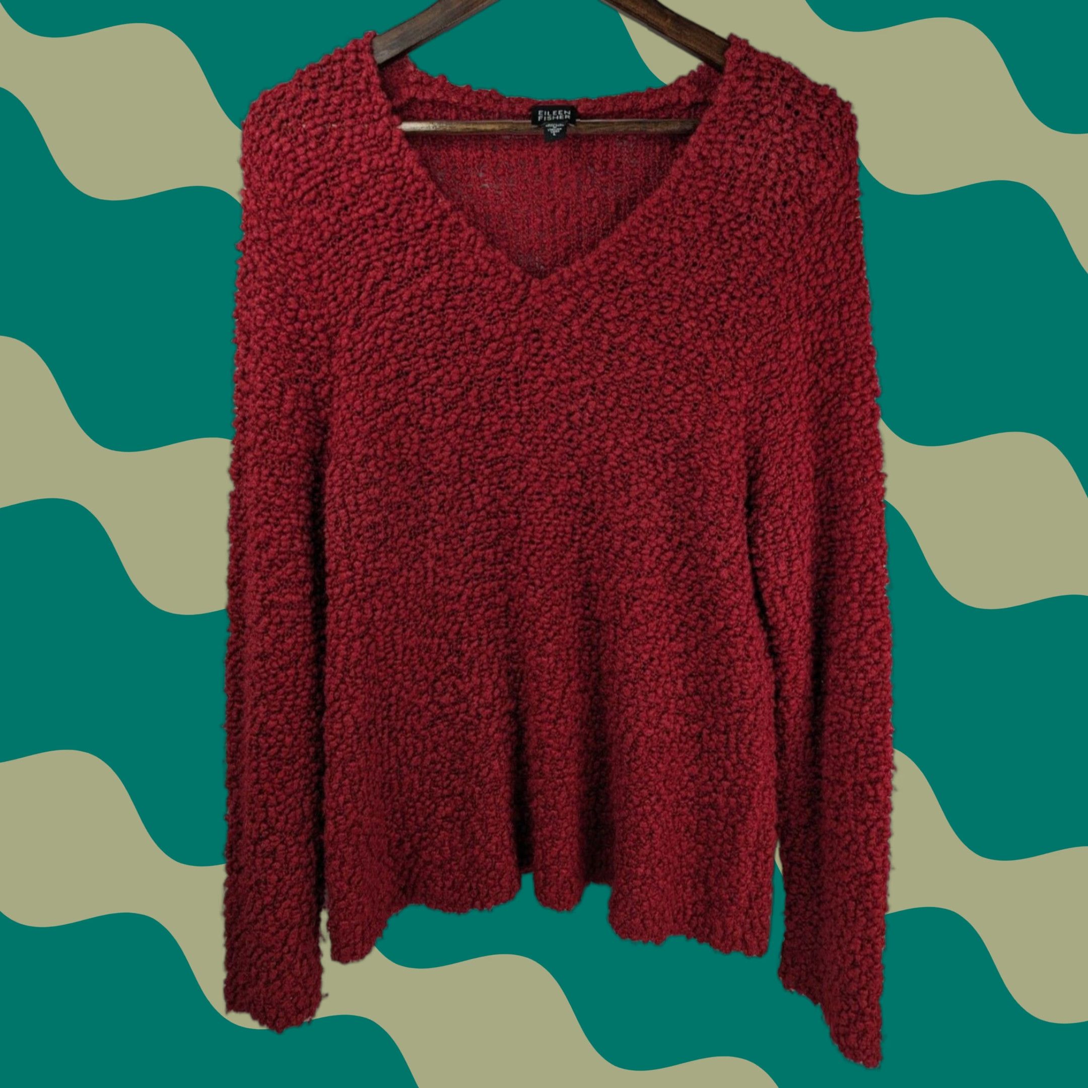 Eileen Fisher Eileen Fisher Sweater Lady Large Red Wool Silk Textured Popcorn V-Neck Slouchy Pullover Knit Open-Knit Size L / US 10 / IT 46 - 1 Thumbnail