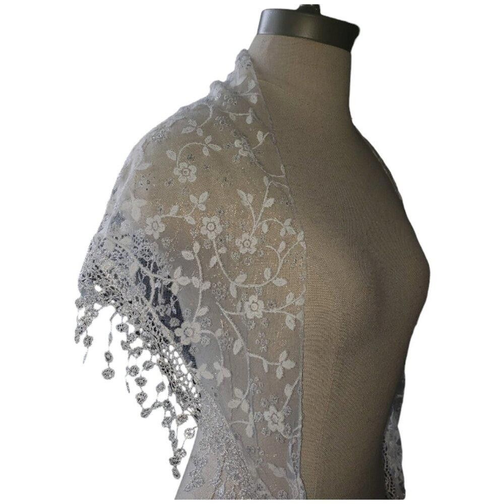 Designer CT1587 White Sheer Embroidered Handmade Shawl Size ONE SIZE - 2 Thumbnail