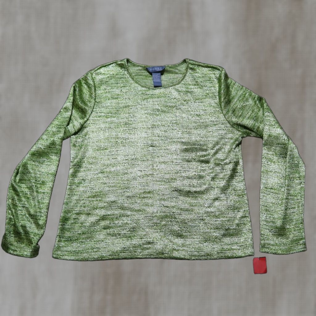 Vintage KORET Shirt Top Green Blouse Shiny 3/4 Sleeve Women's Petite Large Size S Polyester/Spandex Career Knit Pullover/On Green/Blue Multi Size S / US 4 / IT 40 - 1 Thumbnail