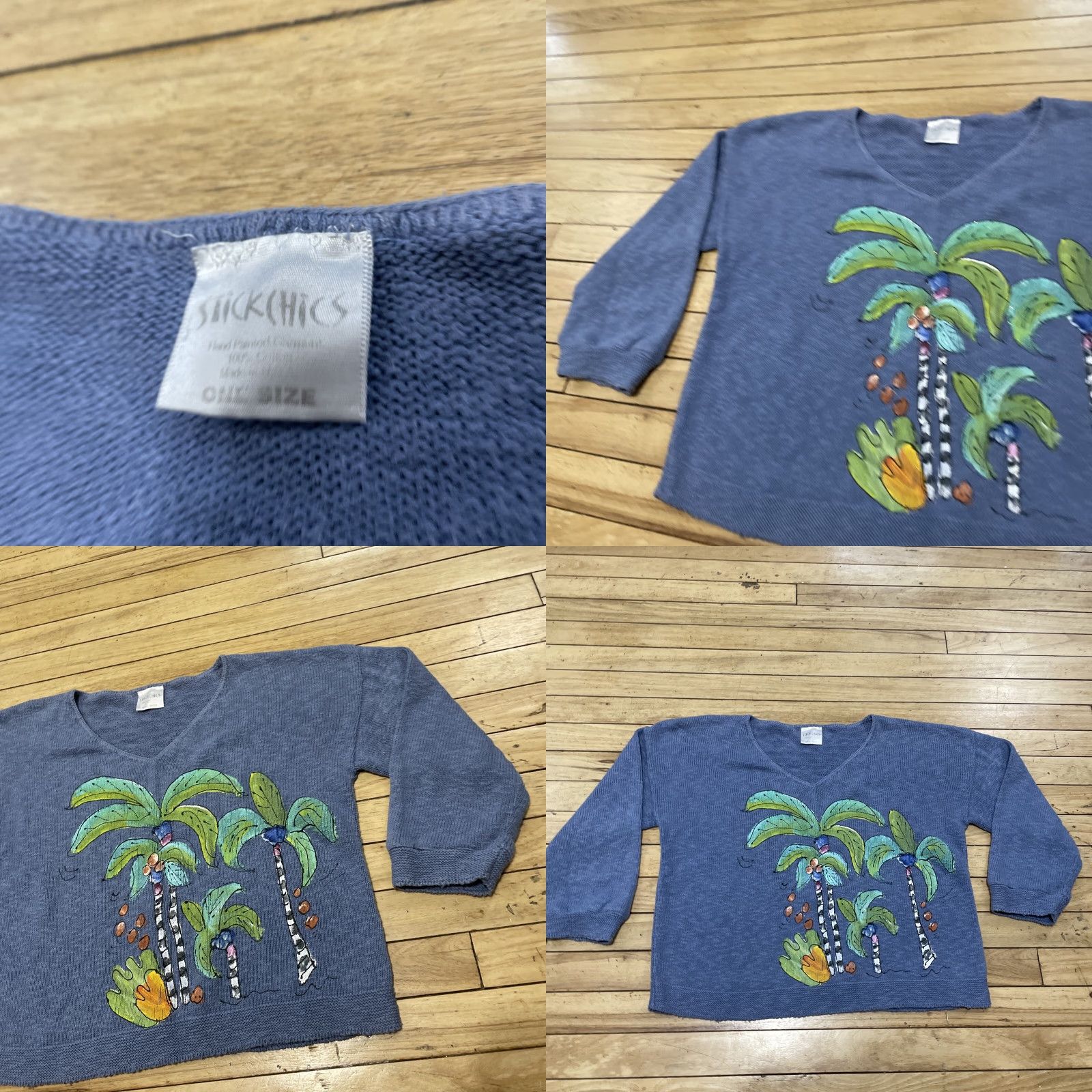 Vintage VINTAGE STICKCHICS Crop Knit Sweater Women One Size Made USA Hand Painted Palm Tree Isle Size ONE SIZE - 10 Thumbnail