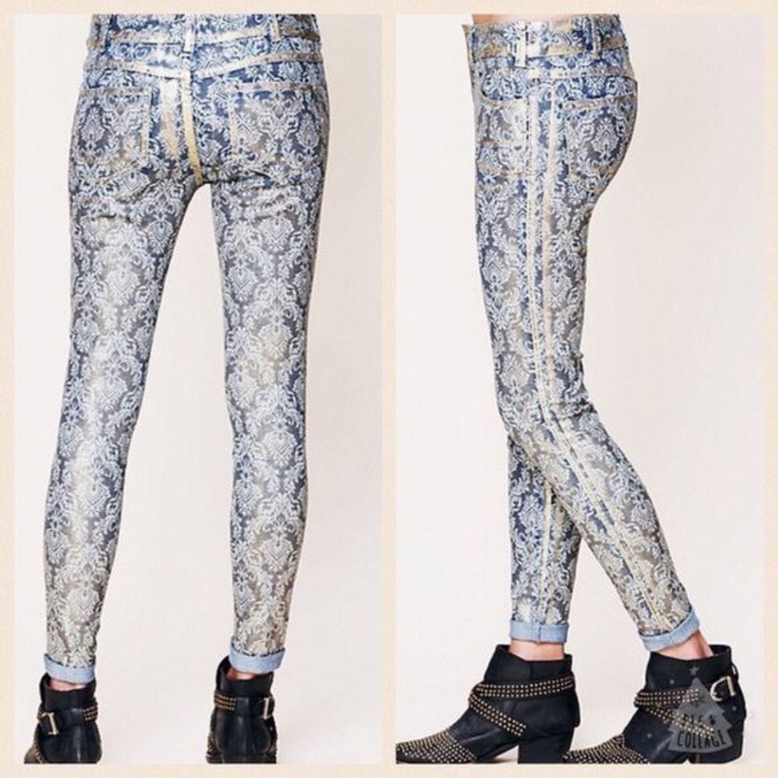 Free People RARE Free People Damask Tapestry Gold Foil Skinny Jeans 27 Size 27" / US 4 / IT 40 - 10 Thumbnail