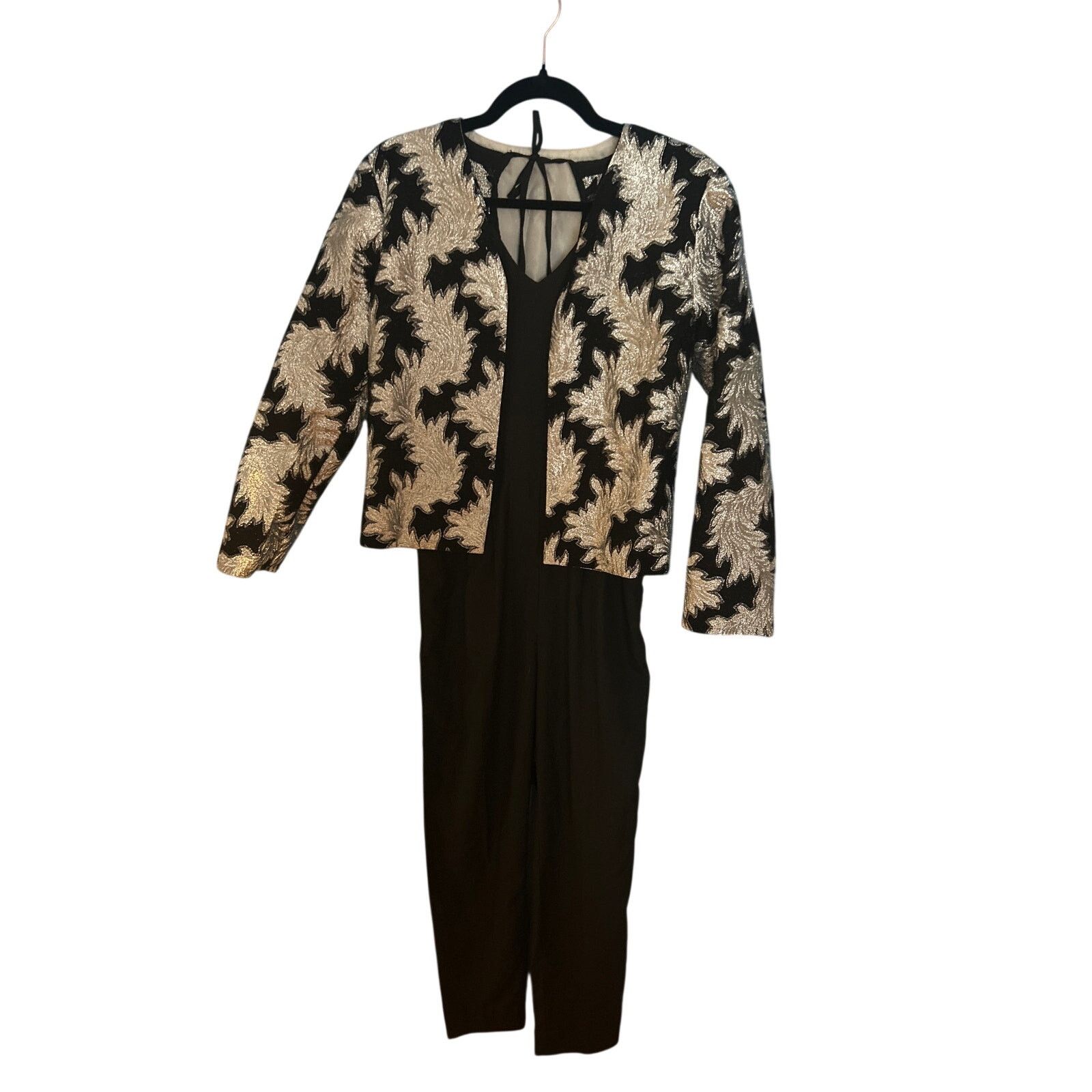 Other VTG Silver Black Metallic Brocade Jumpsuit Matching Jacket Size 28" / US 6 / IT 42 - 2 Thumbnail