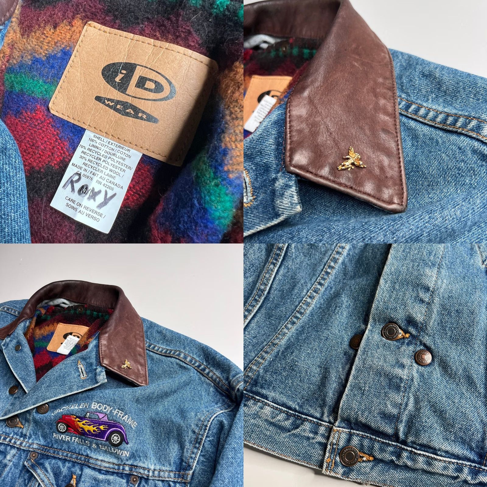 Vintage VINTAGE International Denim ID Wear Trucker Jacket Leather Collar Embroidered Geometric Mickey? Size US M / EU 48-50 / 2 - 8 Thumbnail