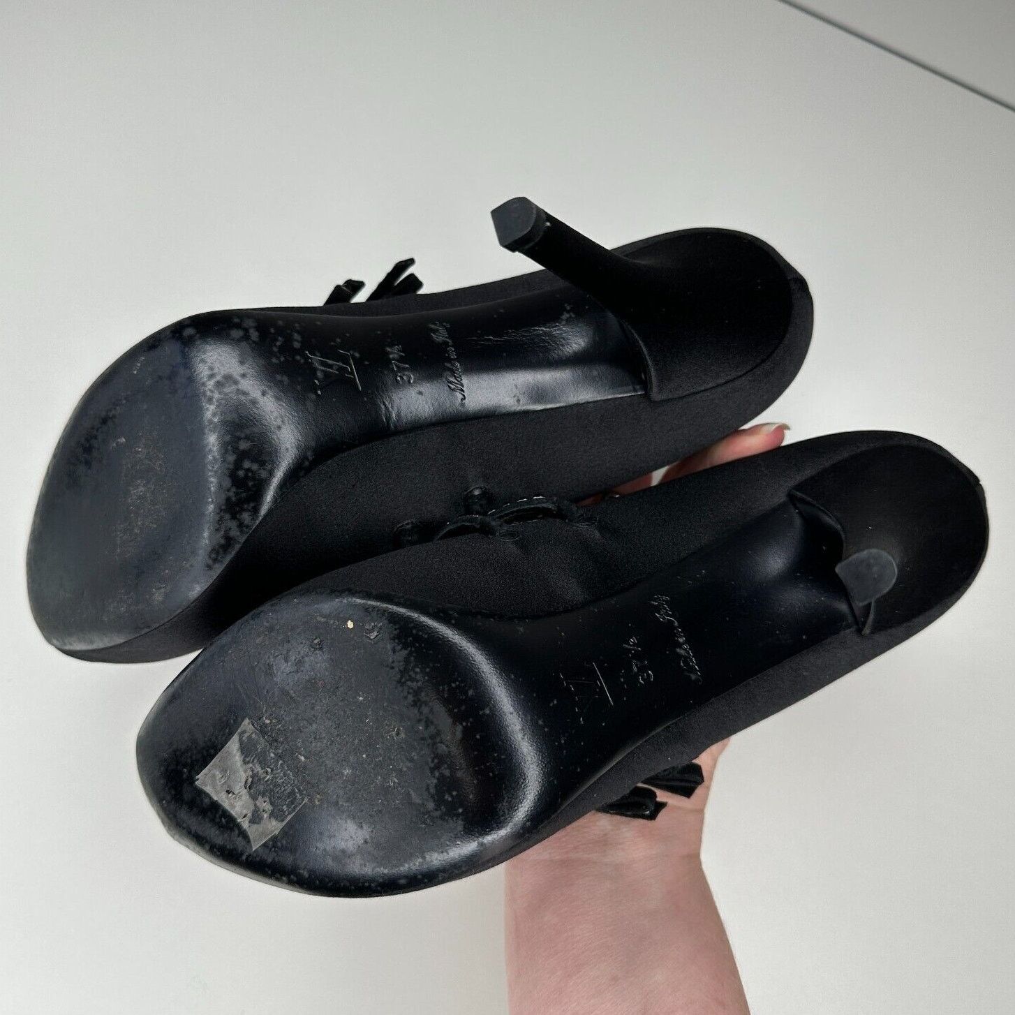 Louis Vuitton Louis Vuitton Black Satin Open Toe Crystal Strap Pumps 37.5 Size US 7 / IT 37 - 11 Thumbnail