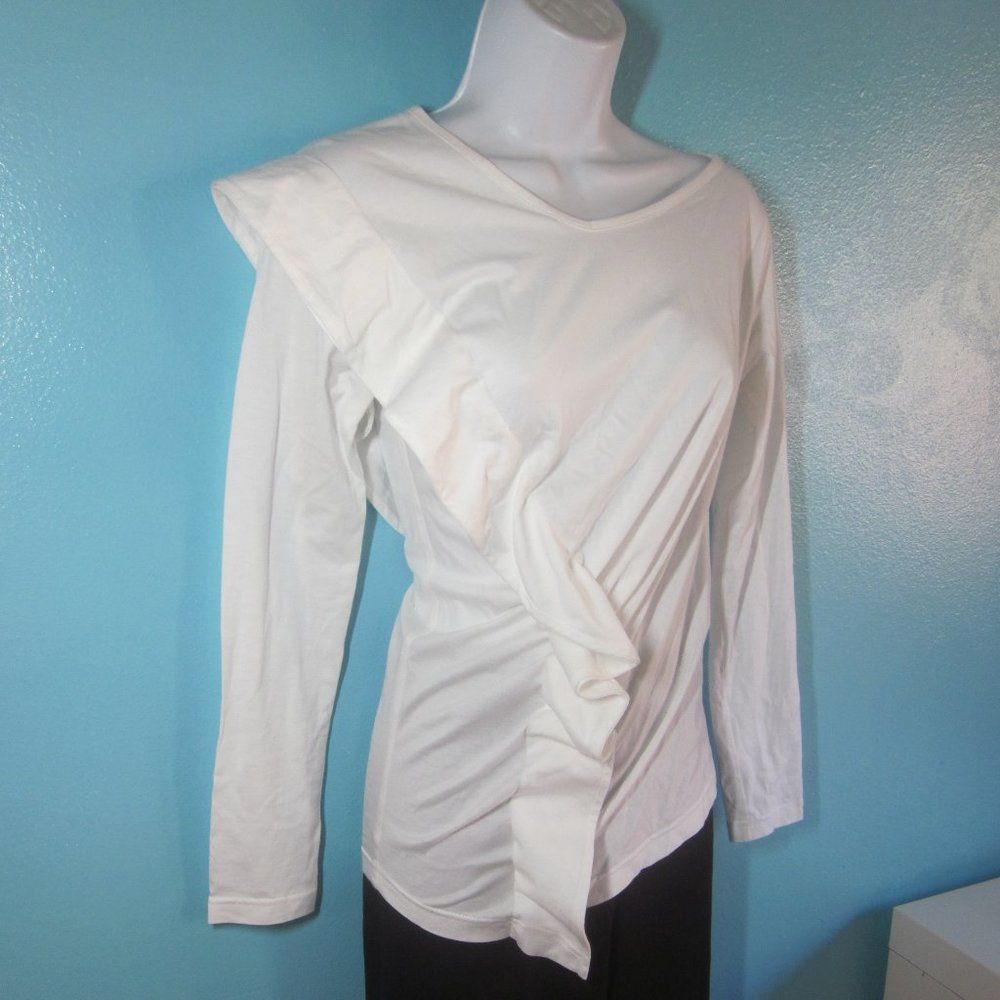 Alexa Chung Lu Lu Cheung Womens Size S Asymmetrical Long Sleeve White Cotton Ruffle Tee Size S / US 4 / IT 40 - 8 Thumbnail