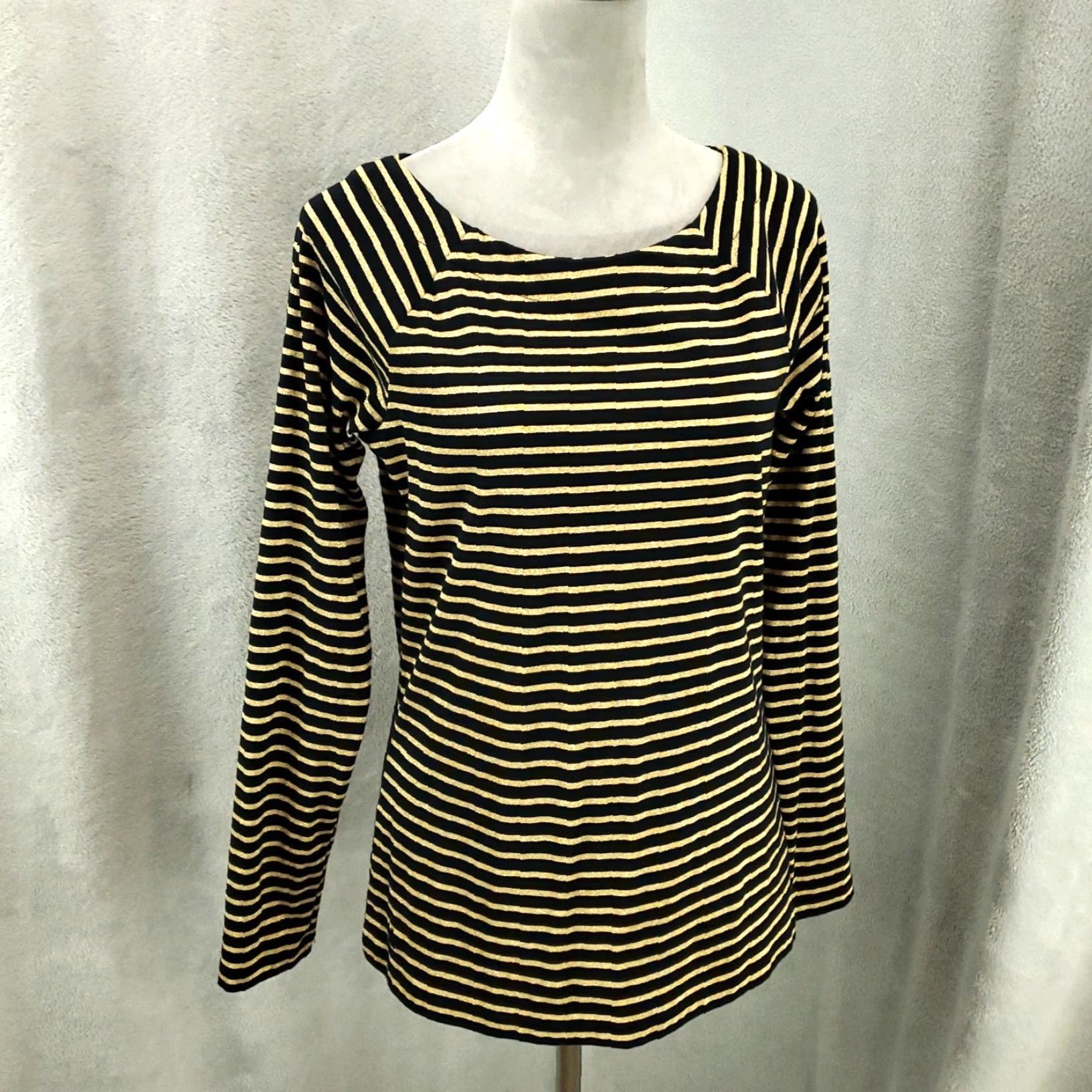 Ralph Lauren Womens Ralph Lauren Sweater Large Black Shimmer Sparkle Gold Stripes Lightweight Size L / US 10 / IT 46 - 2 Thumbnail