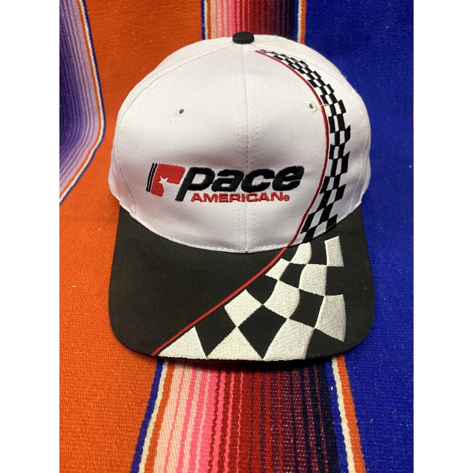 Vintage VINTAGE Nissun Pace America Racing Snap Back White & Black NASCAR Checkered Flag Hat Mens One Size Black White NASCAR Snapback Size ONE SIZE - 2 Thumbnail