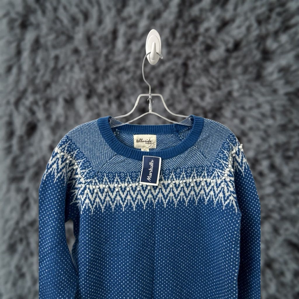 CO Telluride Clothing Co. Sweater Womens Large Blue White Crew Knit Raglan Sleeve NWT Beaded Fair Isle Pullover Casual Season Winter Holiday 3/4 Sleeve Size L / US 10 / IT 46 - 1 Thumbnail