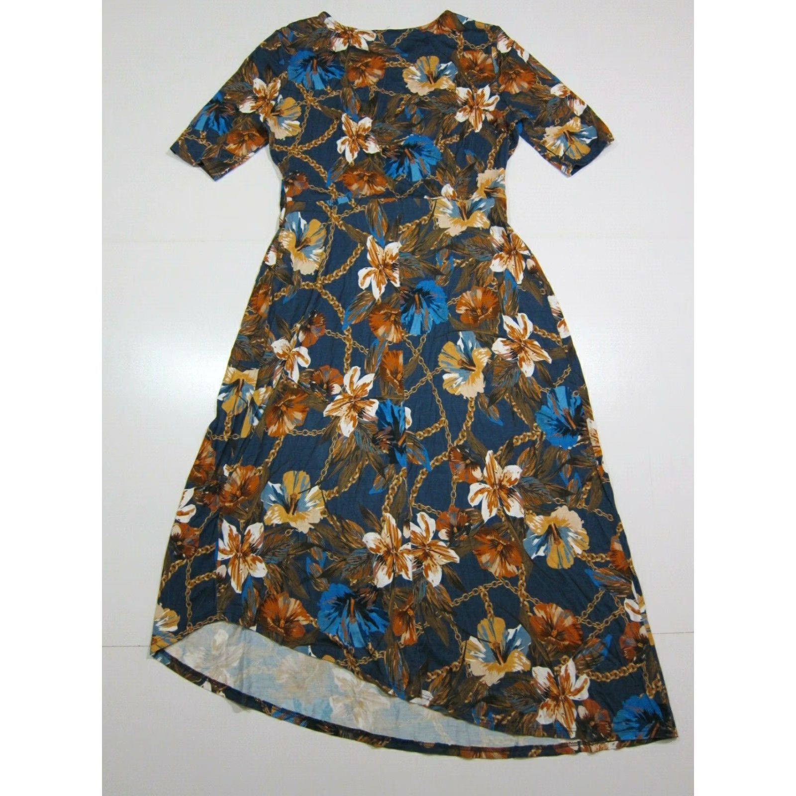 Vintage Orsay Floral Maxi Sundress Women 42/Large Rayon Spandex Stretch Long Dress Blue Orange Yellow Clear? Size L / US 10 / IT 46 - 2 Thumbnail