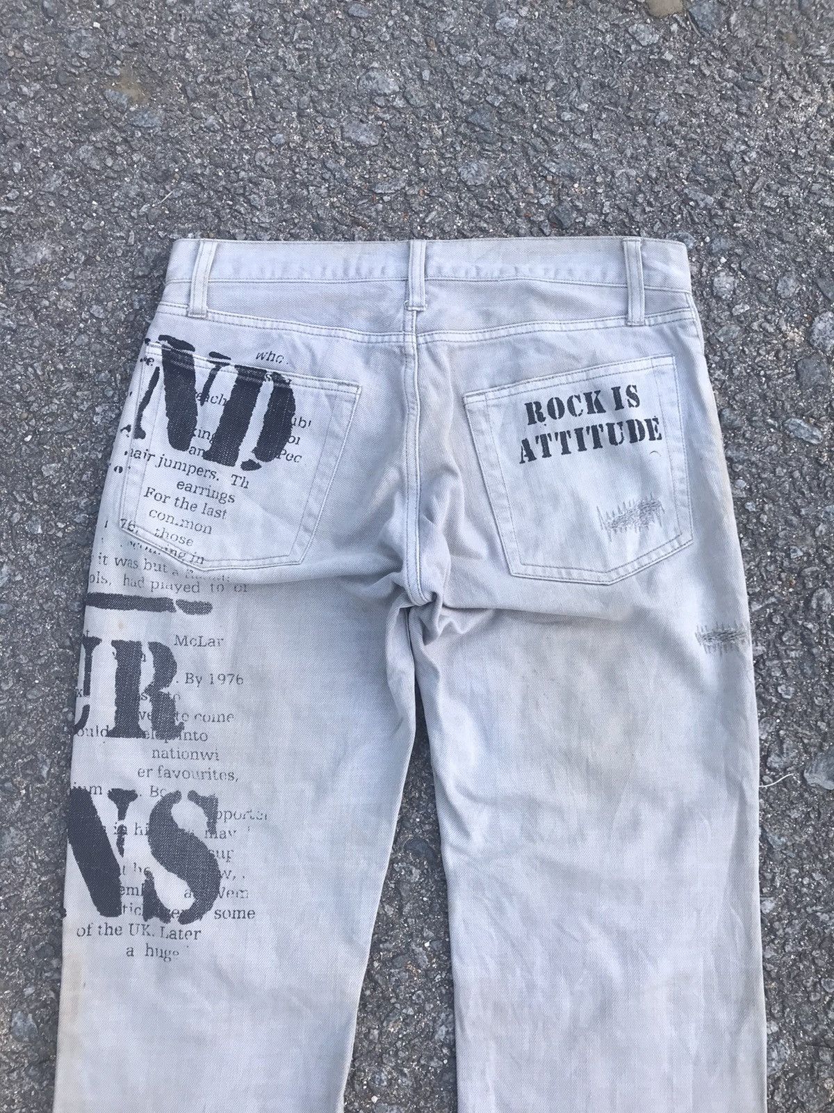 If Six Was Nine 🔥Flared🔥Distressed Denim Punk Graphic "Rocker Attitude" Size US 32 / EU 48 - 9 Thumbnail