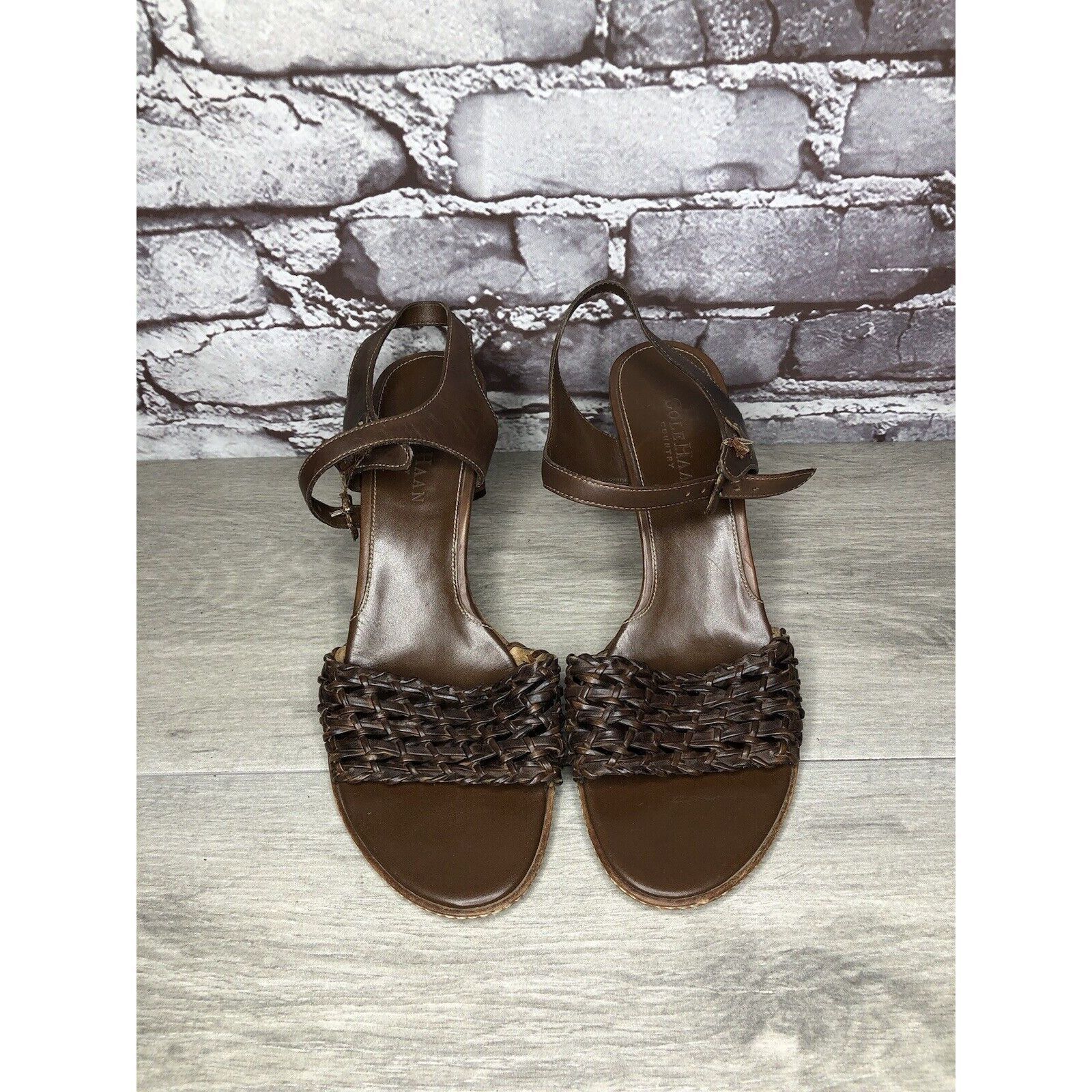 Cole Haan Cole Haan Brown Leather Woven Heel AnkleStrap Sandals Women Size US 7.5 / IT 37.5 - 21 Thumbnail