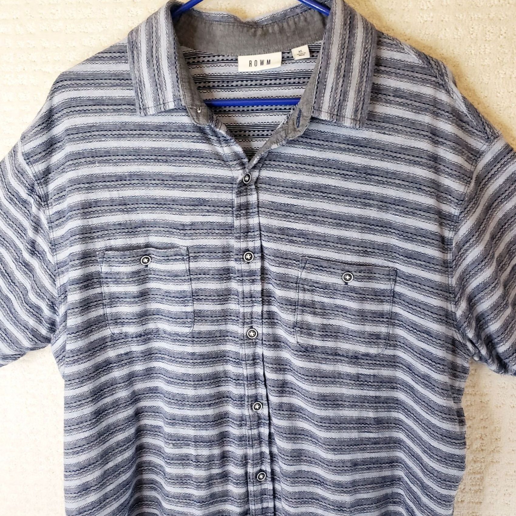 Vintage ROWM Button-Up Shirt XL Men Blue Gray White Striped Short Sleeve Casual Denim Look Soft Feel Shirt Size US XL / EU 56 / 4 - 2 Thumbnail
