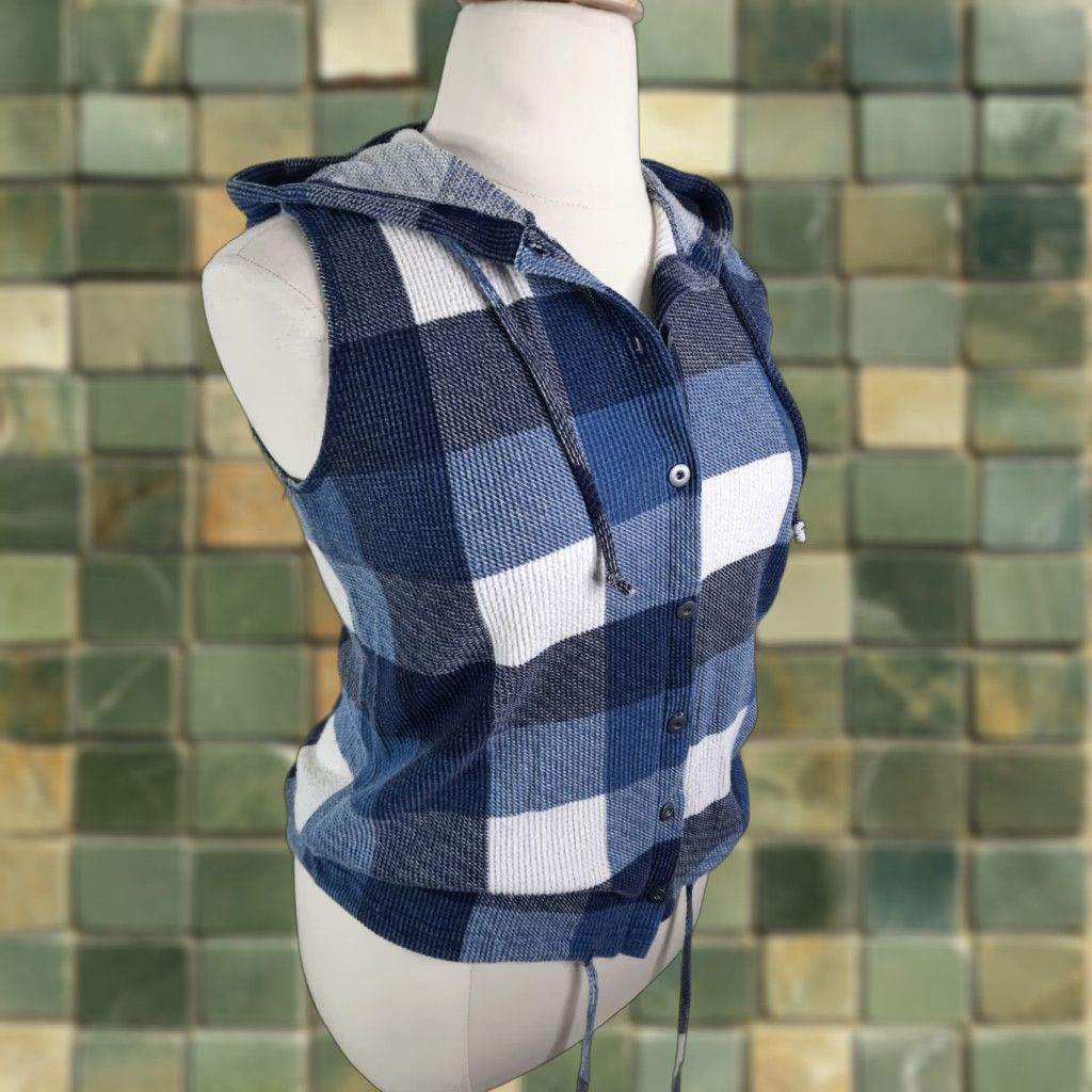 Vintage VINTAGE 90s Thermal Waffle Check Button Up SLEEVELESS HOODED SHIRT L USA S2S Womens Blue Grunge 90s Vest Size L / US 10 / IT 46 - 1 Thumbnail