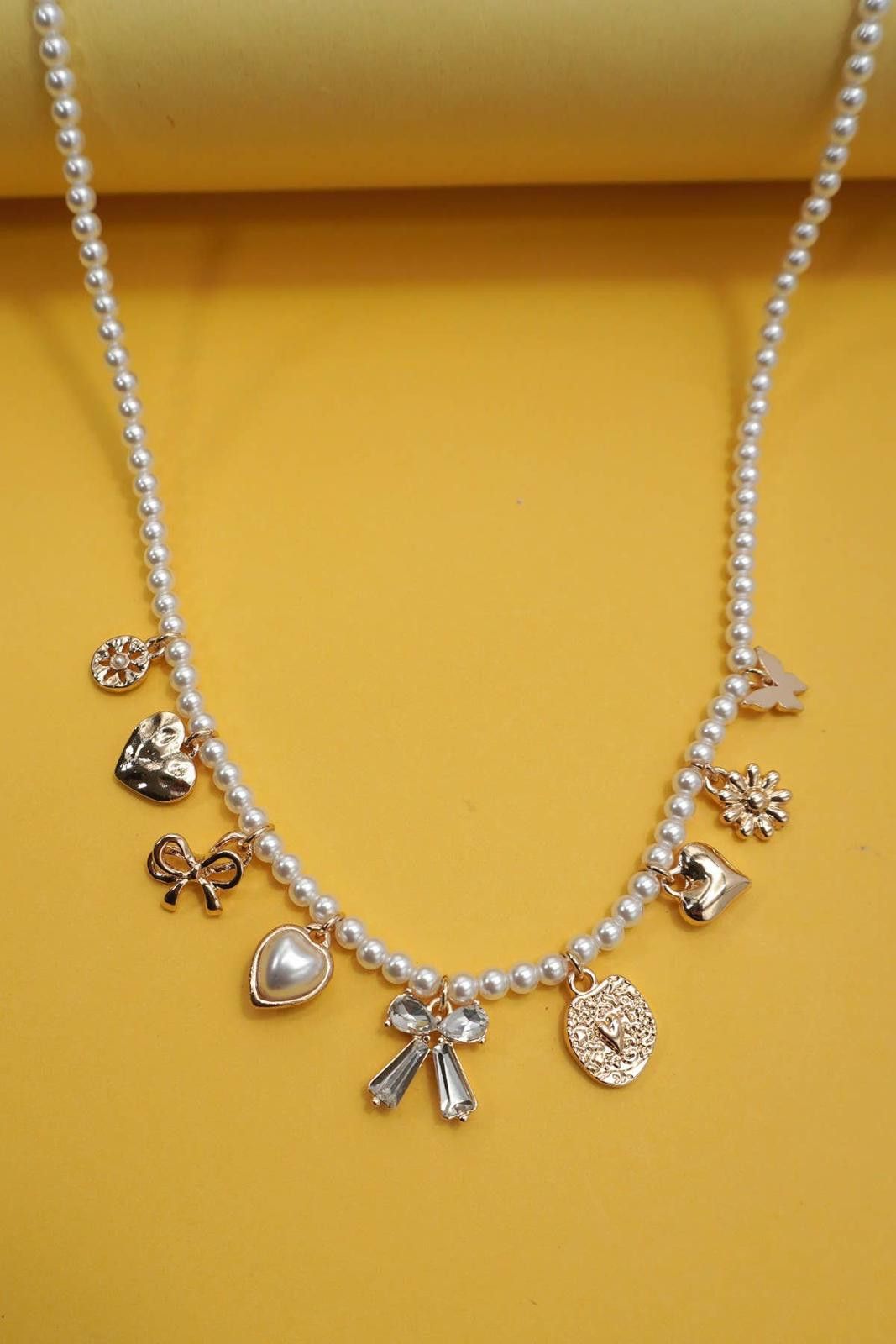 Other Charm Necklace Bow Sunflower Heart Pearl Chain Size ONE SIZE - 2 Thumbnail