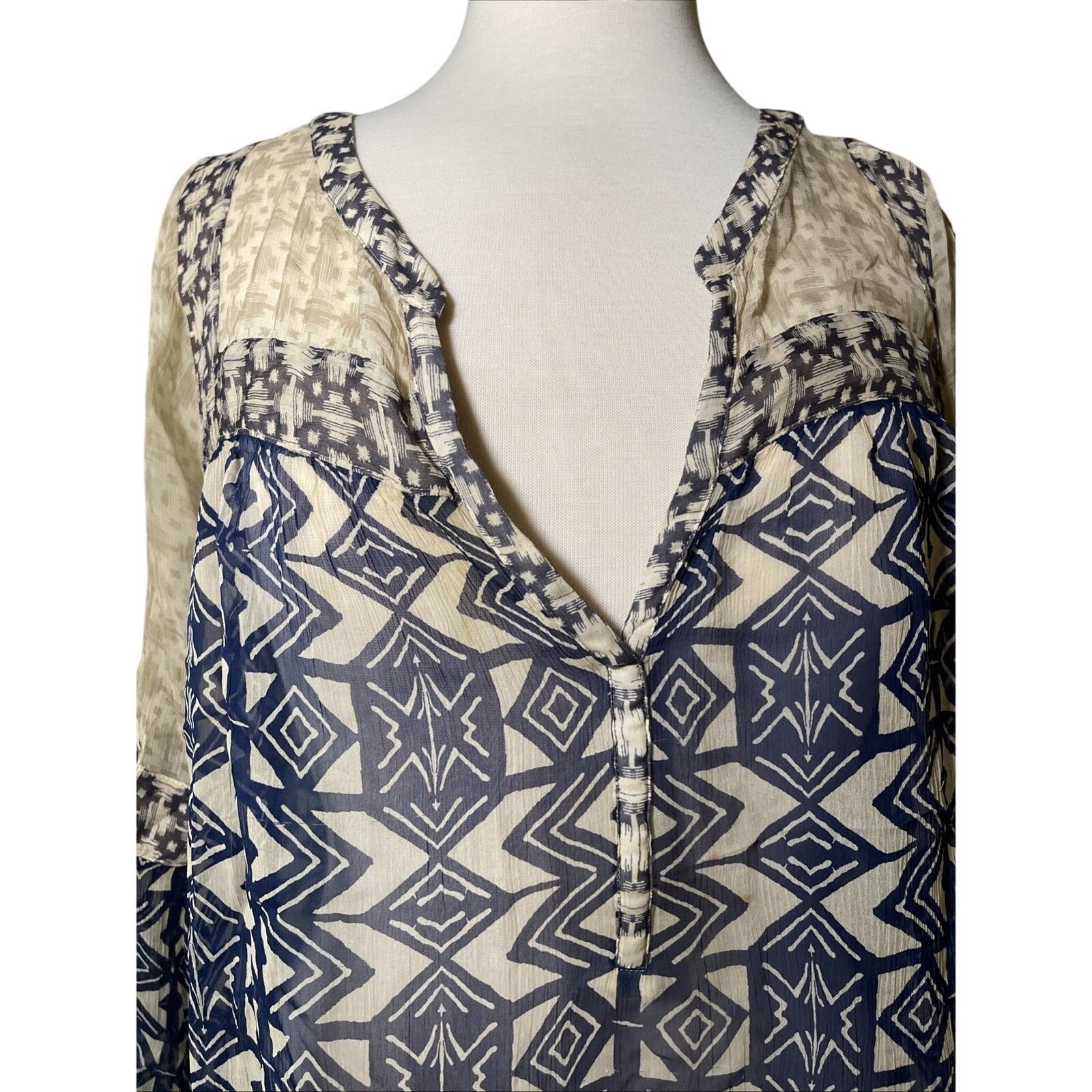 Lucky Brand Lucky Brand Top Womens 1-X Beige Sheer Blouse Boho V Neck Size XL / US 12-14 / IT 48-50 - 2 Thumbnail