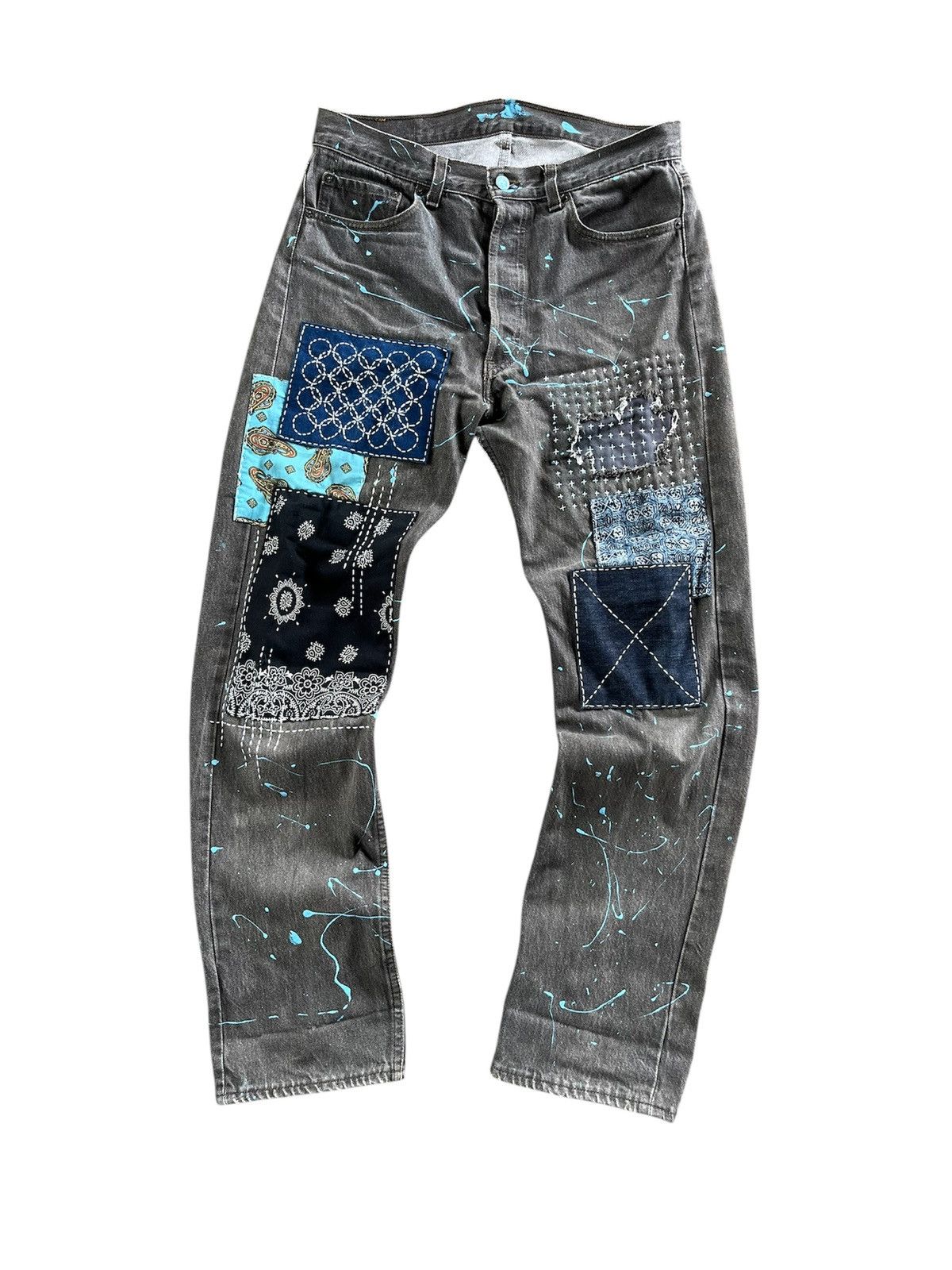 Levi's × Vintage 💥RARE Vintage Levi’s Sashiko Boro Painted Custom Jeans Size US 33 - 1 Thumbnail