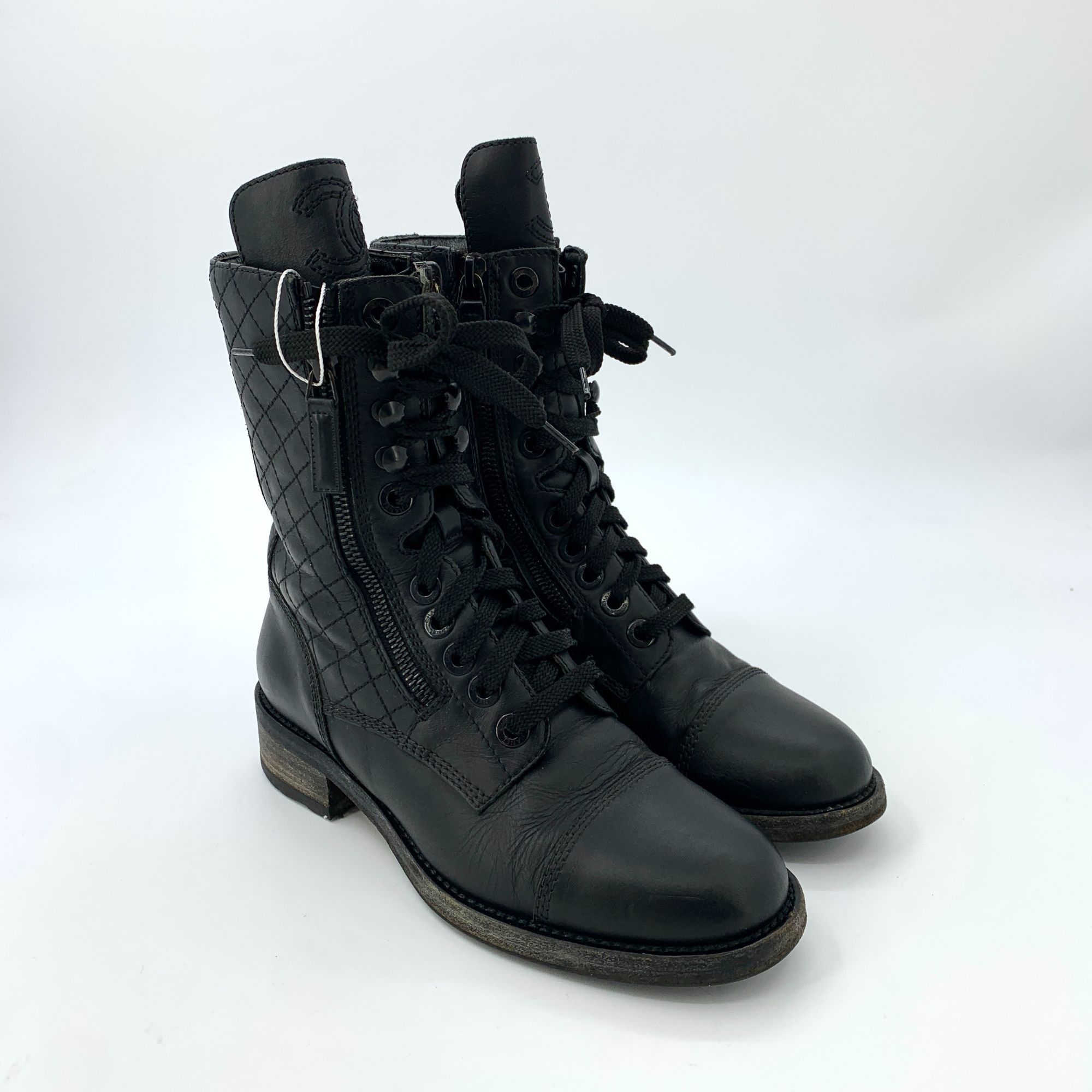 Chanel Chanel Black Lace-Up Leather Combat Boots With Quilted Side Size US 5.5 / IT 35.5 - 2 Thumbnail
